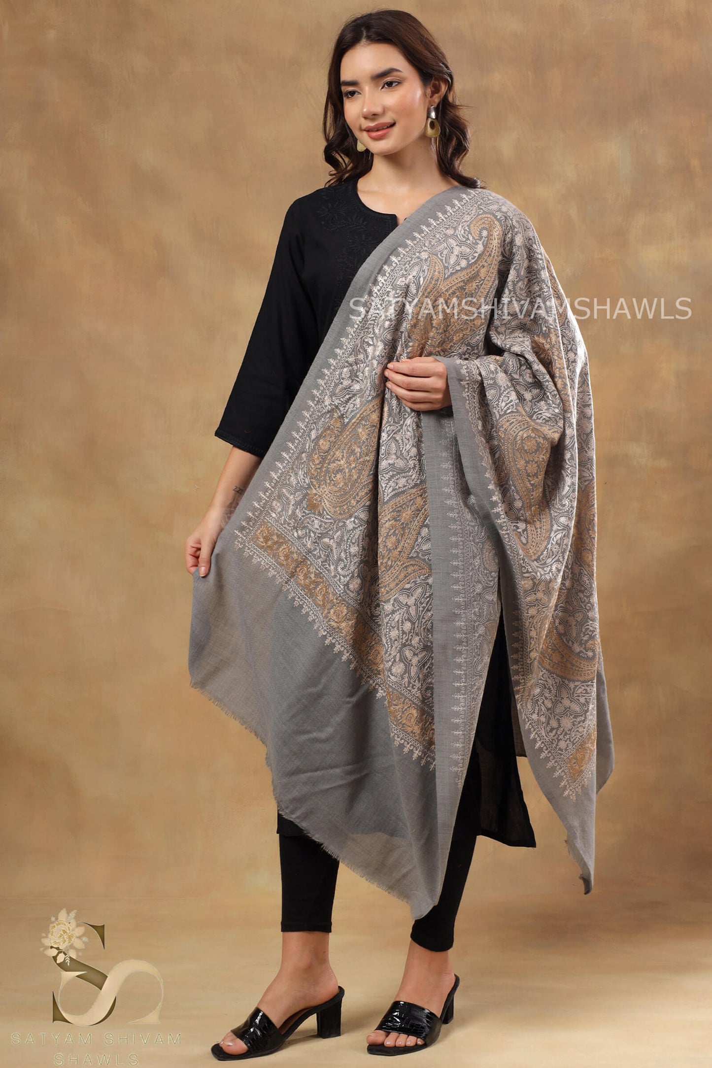 ¸TURKISH PAISLEY PASHMINA FINE WOOL NALKI EMBROIDERY WEAVE STOLE,DARK GAEY