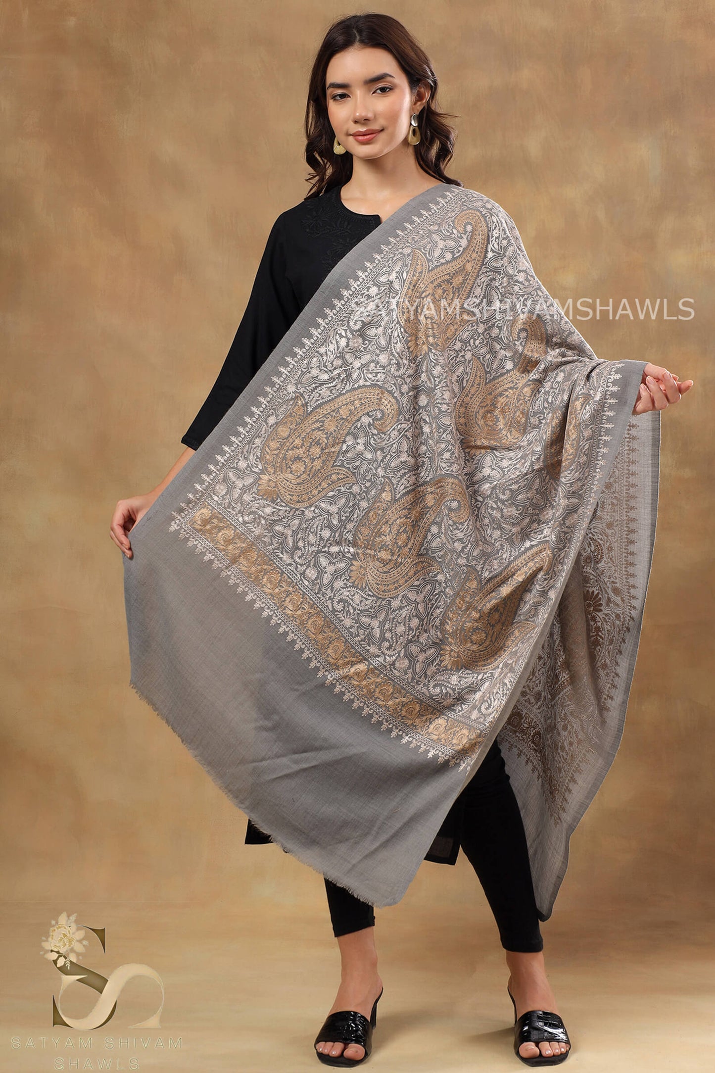 ¸TURKISH PAISLEY PASHMINA FINE WOOL NALKI EMBROIDERY WEAVE STOLE,DARK GAEY