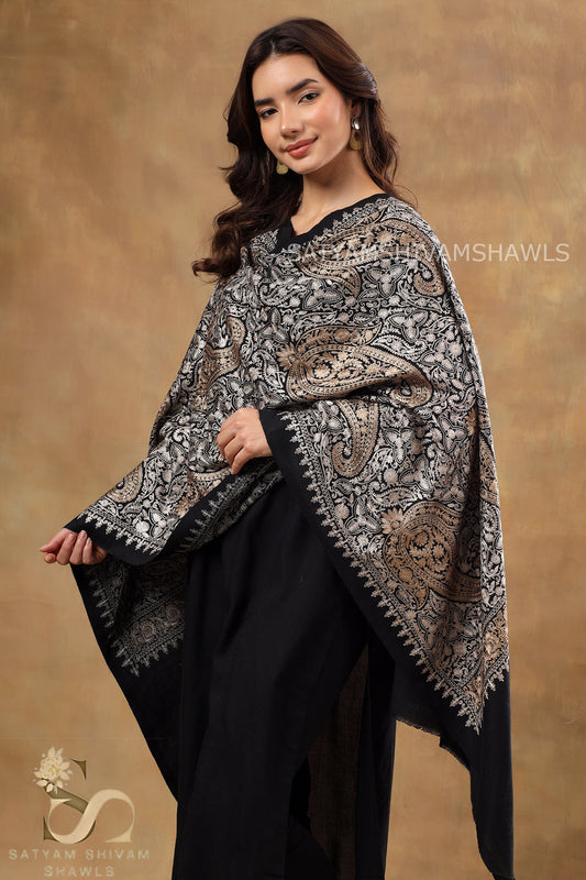 TURKISH PAISLEY PASHMINA FINE WOOL NALKI EMBROIDERY WEAVE STOLE,BLACK,WARM & SOFT,BEIGE