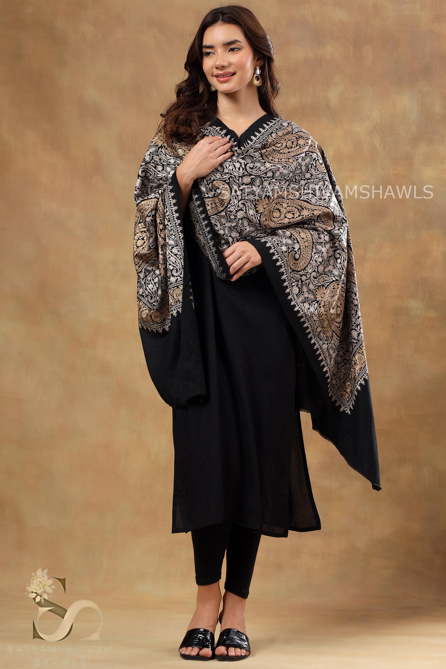 TURKISH PAISLEY PASHMINA FINE WOOL NALKI EMBROIDERY WEAVE STOLE,BLACK,WARM & SOFT,BEIGE