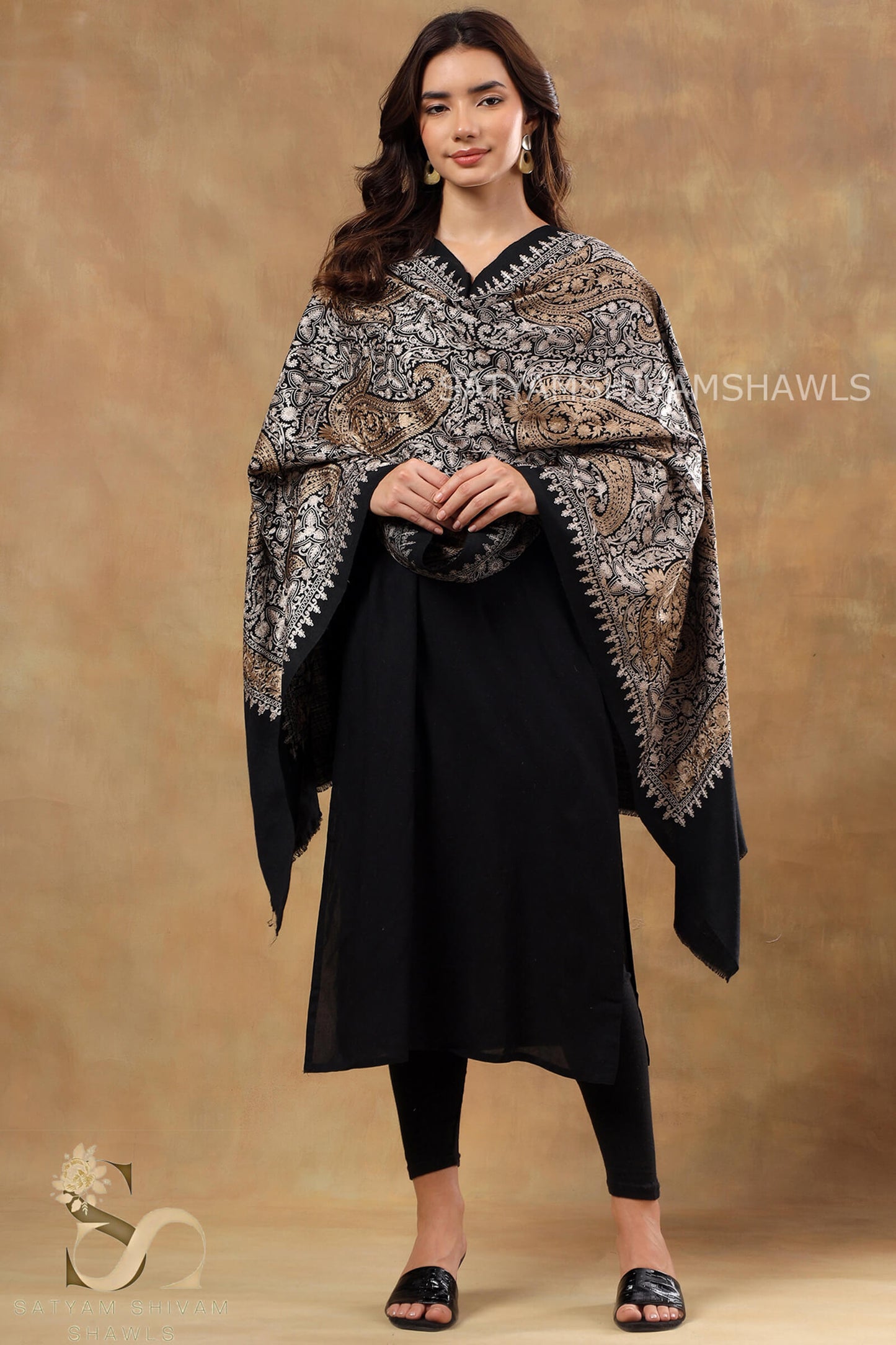 TURKISH PAISLEY PASHMINA FINE WOOL NALKI EMBROIDERY WEAVE STOLE,BLACK,WARM & SOFT,BEIGE