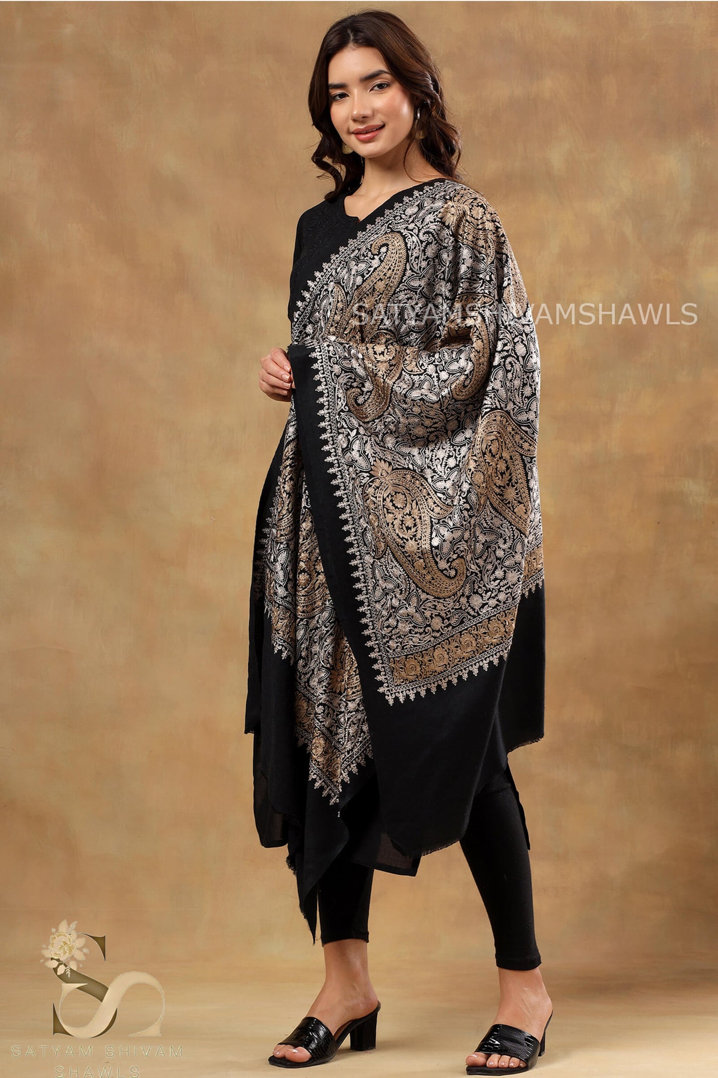 TURKISH PAISLEY PASHMINA FINE WOOL NALKI EMBROIDERY WEAVE STOLE,BLACK,WARM & SOFT,BEIGE
