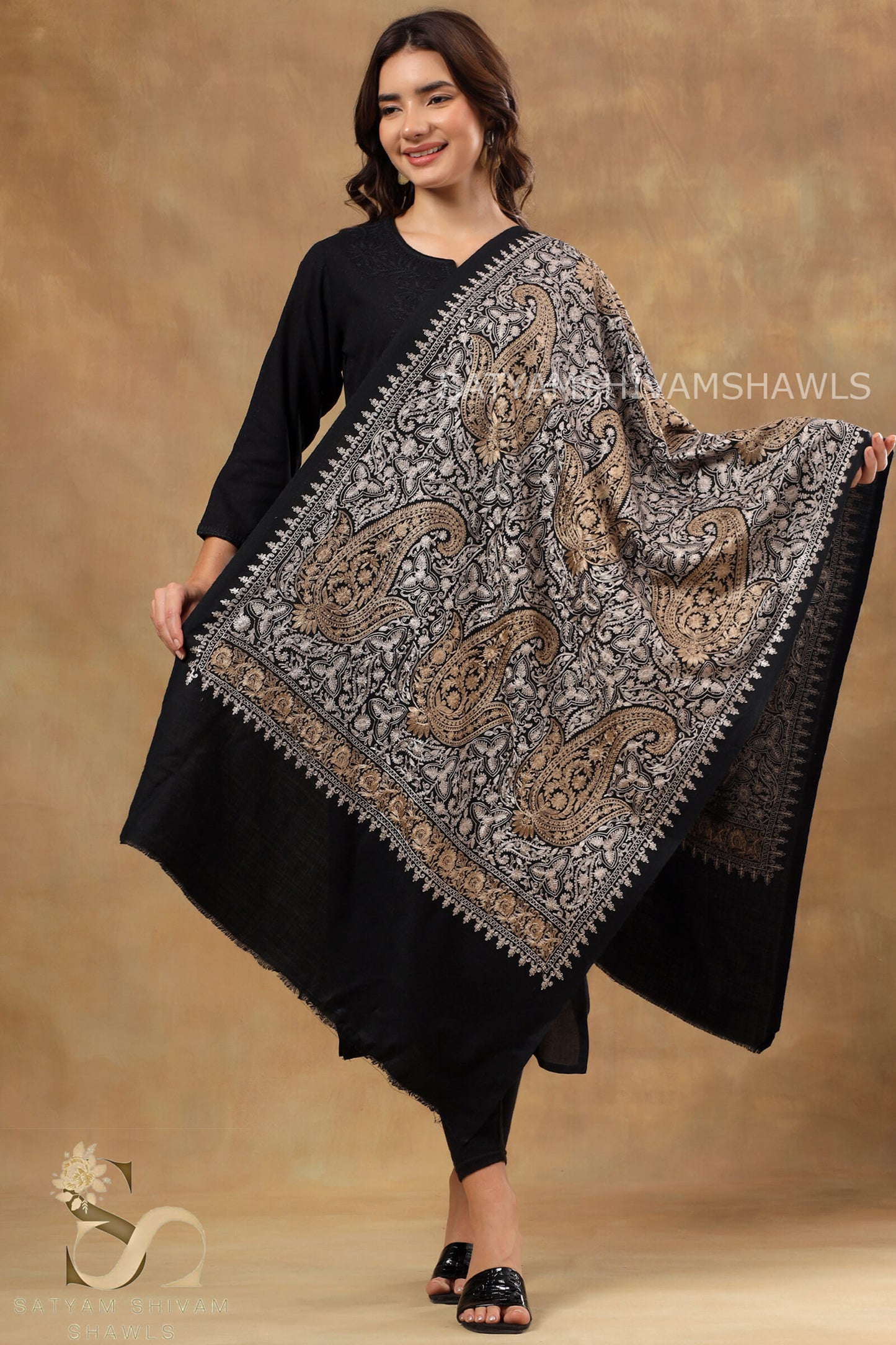 TURKISH PAISLEY PASHMINA FINE WOOL NALKI EMBROIDERY WEAVE STOLE,BLACK,WARM & SOFT,BEIGE