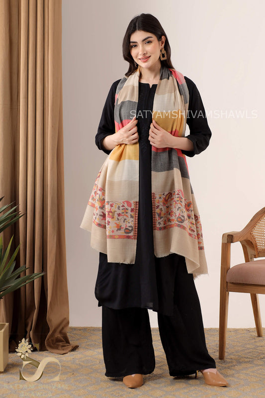 LADAKHI KANI WOVEN PALLA WITH ROYAL COMBINATION STRIPS,STOLE,SKIN