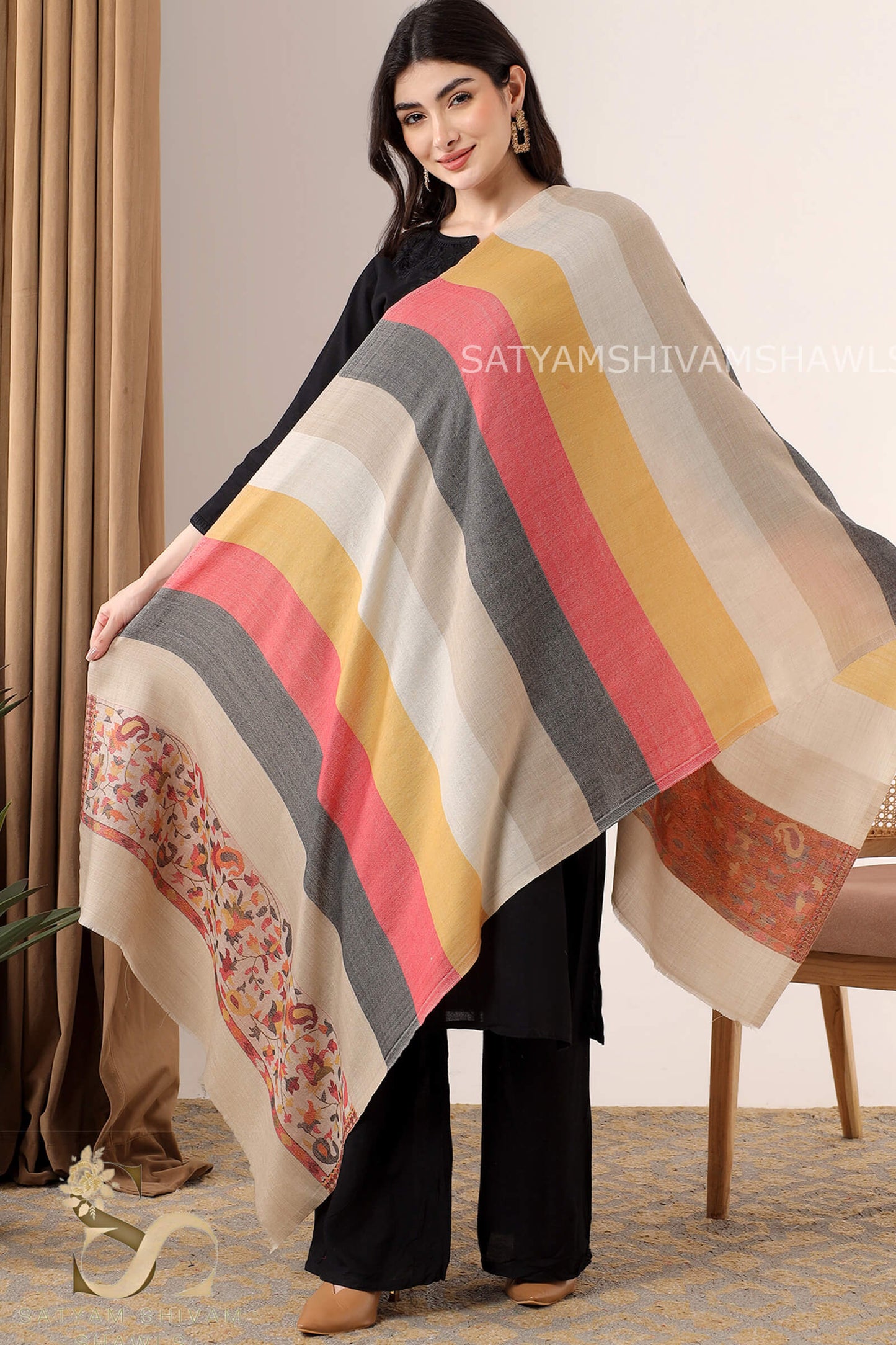 LADAKHI KANI WOVEN PALLA WITH ROYAL COMBINATION STRIPS,STOLE,SKIN