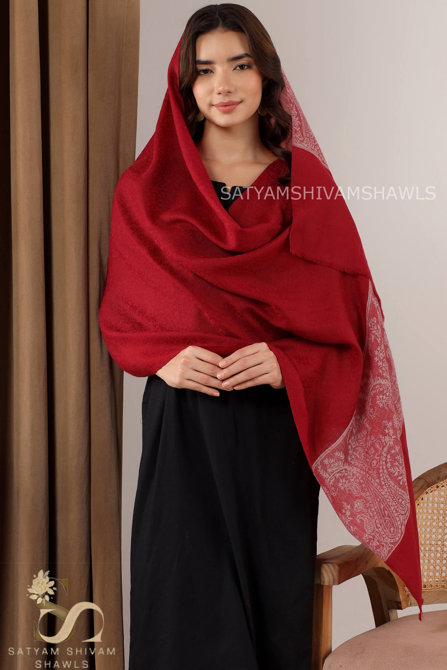 KASHMIRI MEHROON  SELF WITH ROYAL SKIN PALLA LUXURY PASHMINA STOLE ,WOMEN