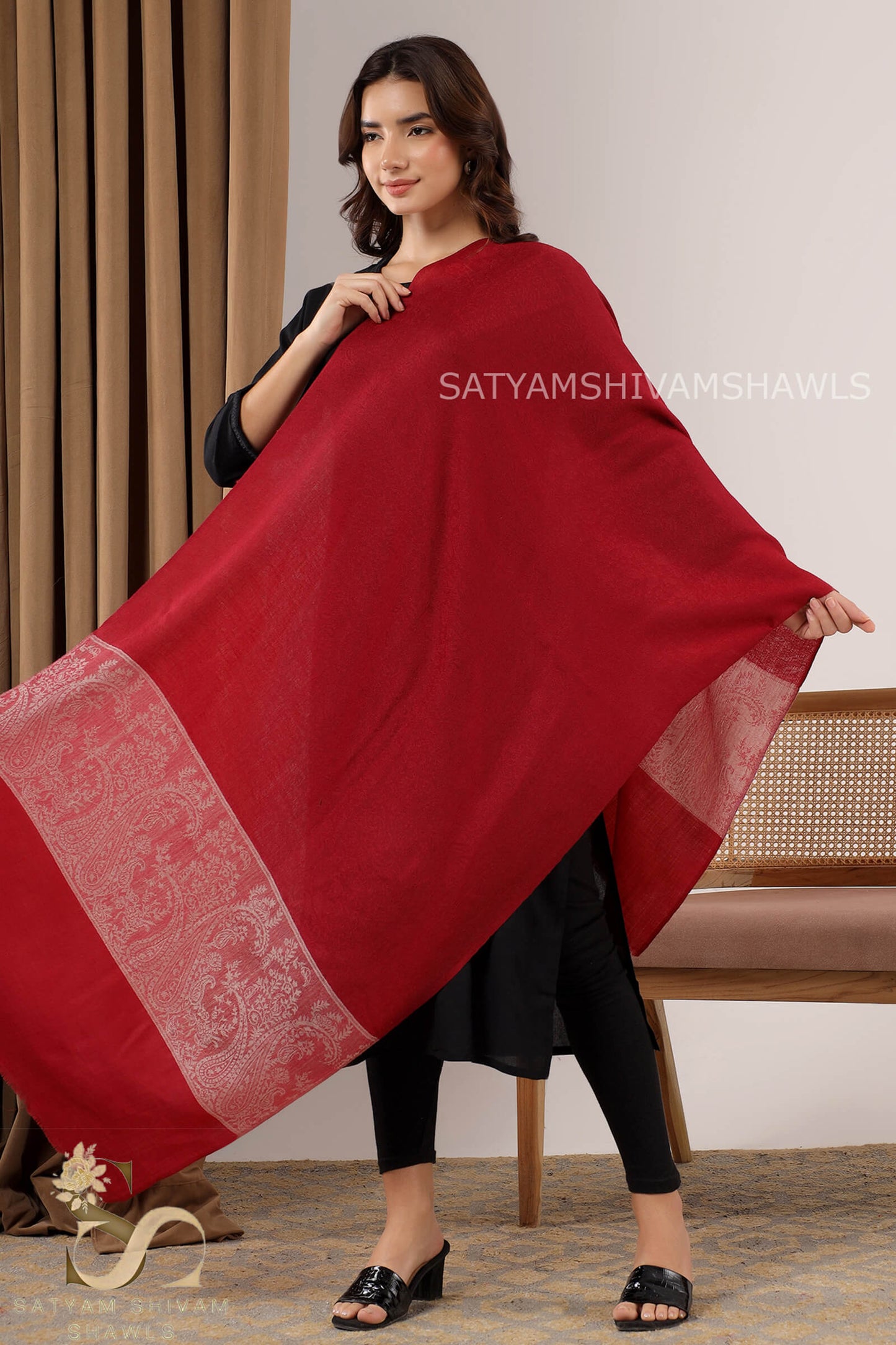 KASHMIRI MEHROON  SELF WITH ROYAL SKIN PALLA LUXURY PASHMINA STOLE ,WOMEN