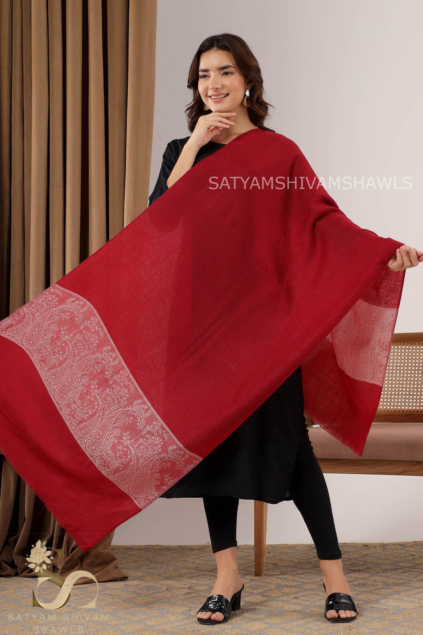 KASHMIRI MEHROON  SELF WITH ROYAL SKIN PALLA LUXURY PASHMINA STOLE ,WOMEN