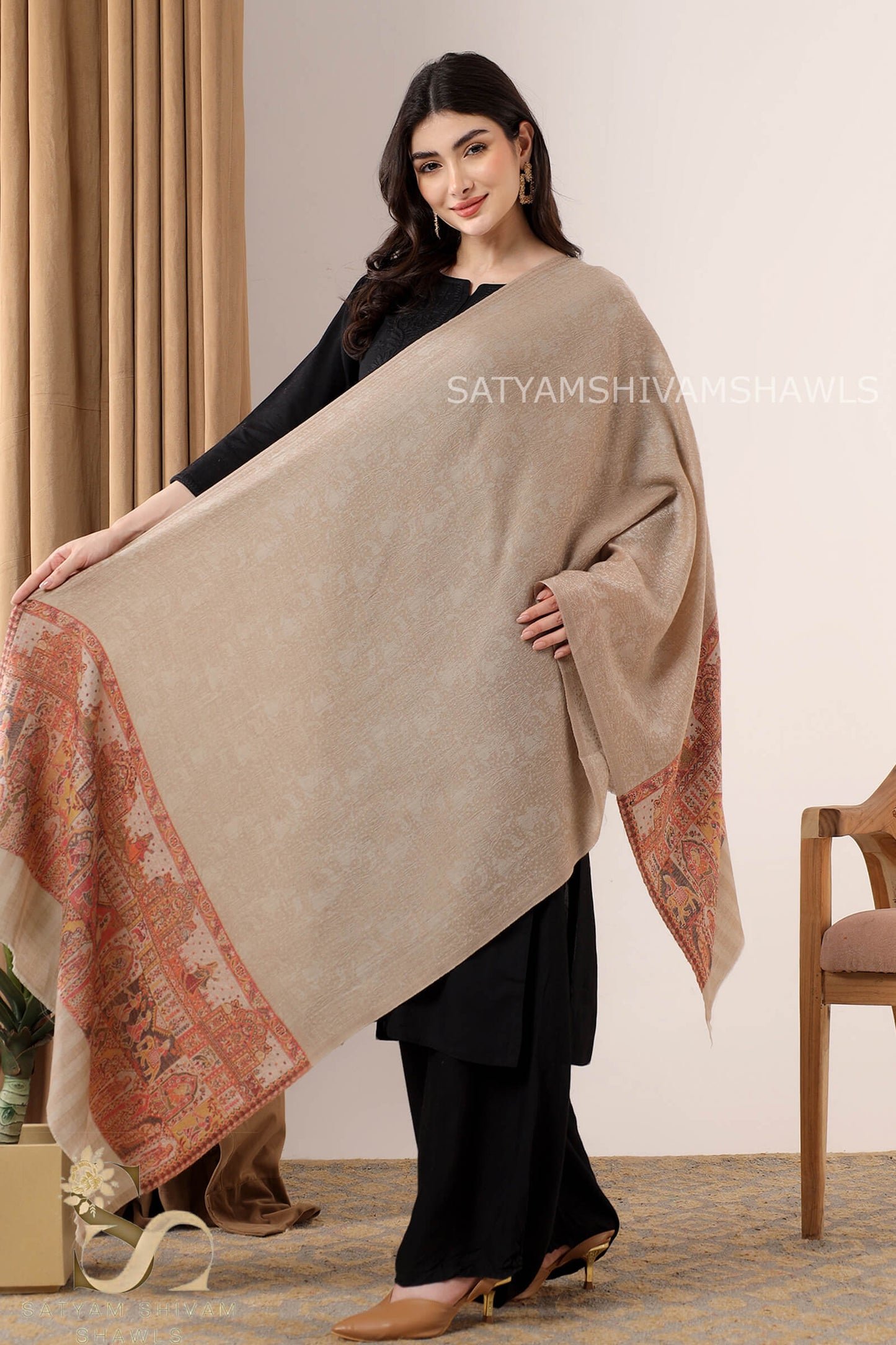 SHAAN-E-MAHAL KANI LUXURY PASHMINA PALLA STOLE,SKIN