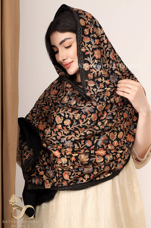 CHINAR LEAF  PASHMINA FINE WOOL NALKI EMBROIDERY WEAVE STOLE,WARM & SOFT,BLACK