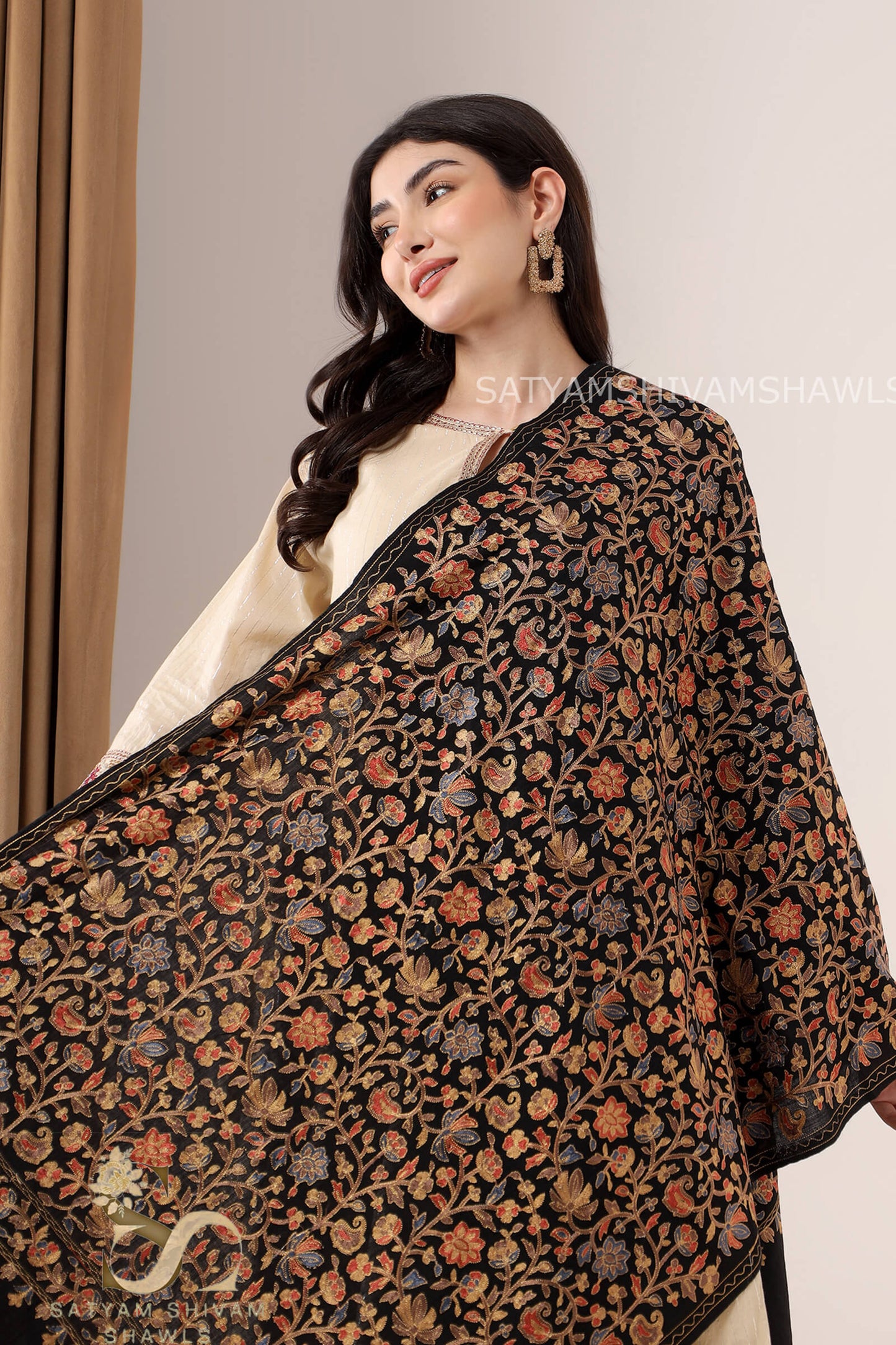 CHINAR LEAF  PASHMINA FINE WOOL NALKI EMBROIDERY WEAVE STOLE,WARM & SOFT,BLACK