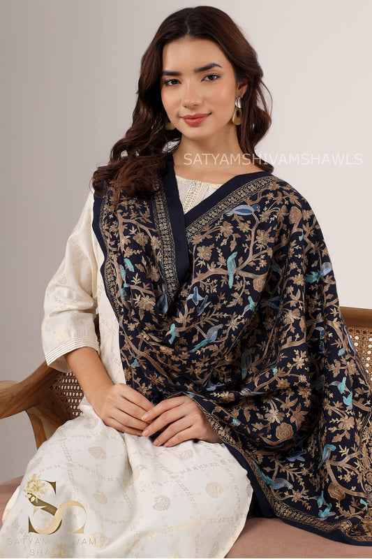 BIRDS OF HEAVEN ARABIC DESIGN NALKI ZARI EMBROIDERY STOLE ,NAVY BLUE