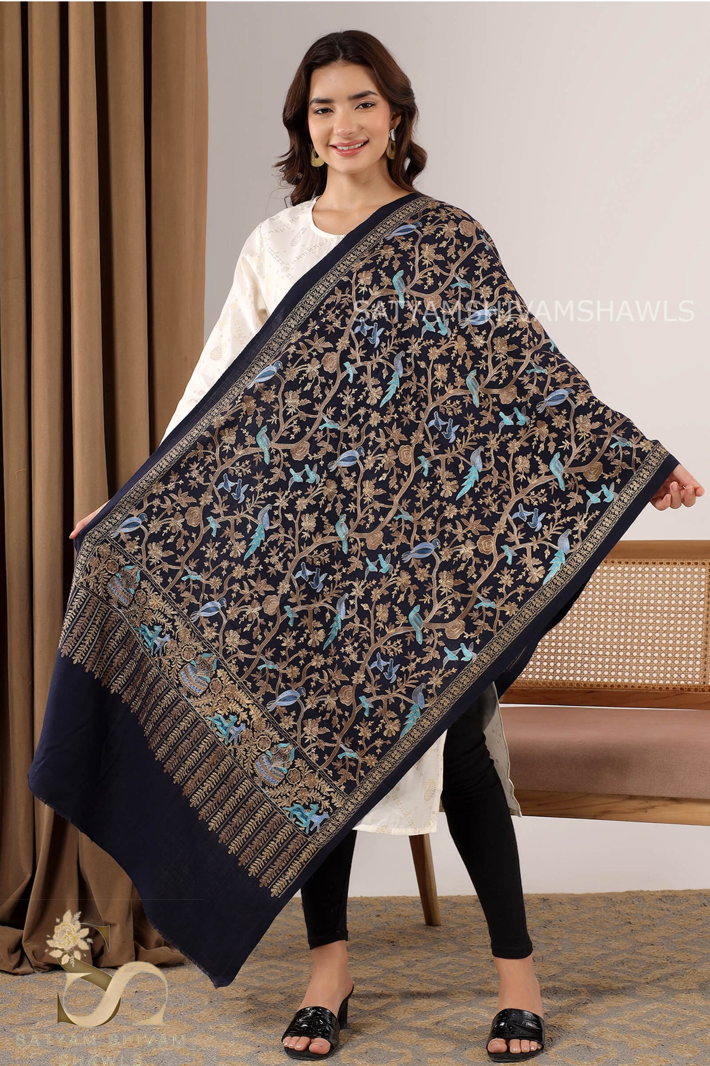 BIRDS OF HEAVEN ARABIC DESIGN NALKI ZARI EMBROIDERY STOLE ,NAVY BLUE