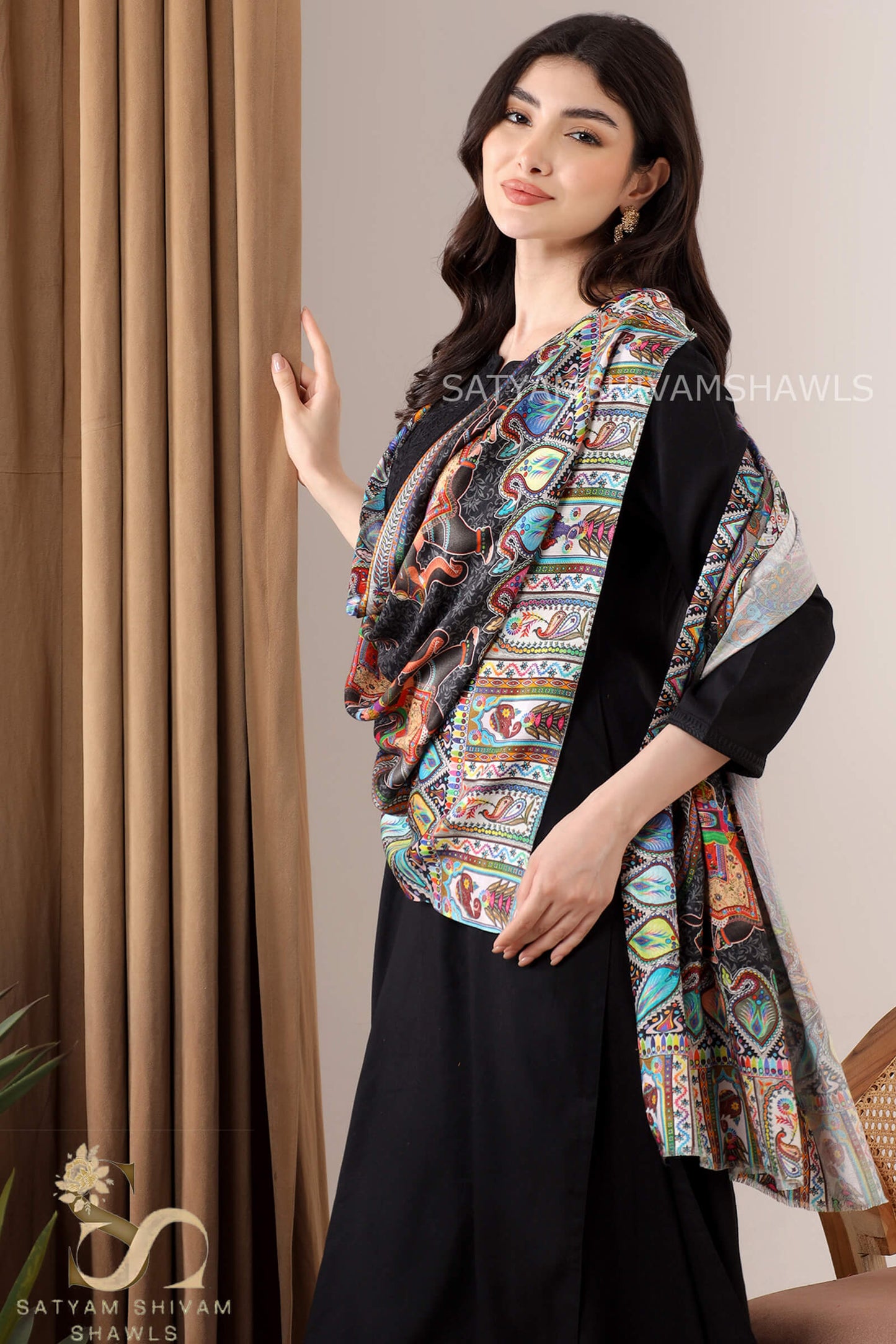 SHIKAARDAR WOMENS FINE SOFT SILK WOOL STOLE,  BLACK