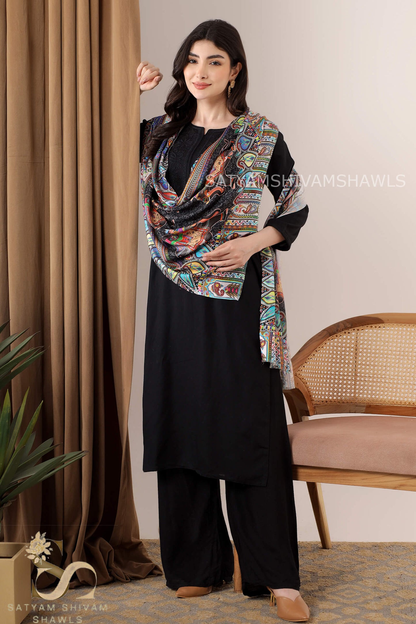 SHIKAARDAR WOMENS FINE SOFT SILK WOOL STOLE,  BLACK