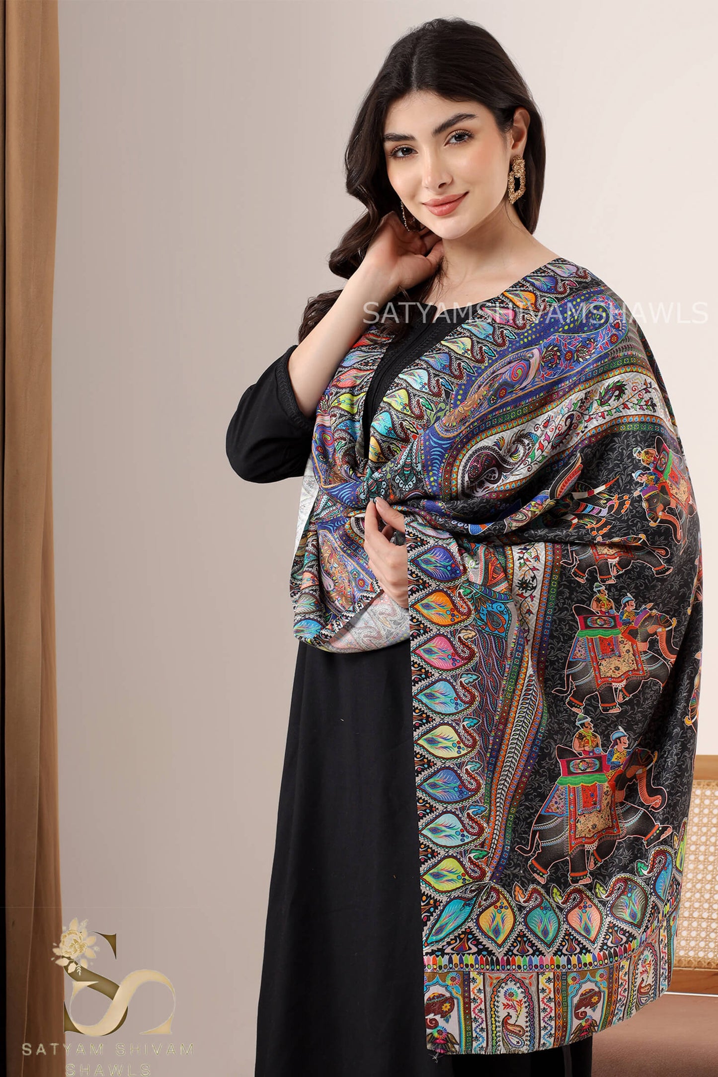 SHIKAARDAR WOMENS FINE SOFT SILK WOOL STOLE,  BLACK