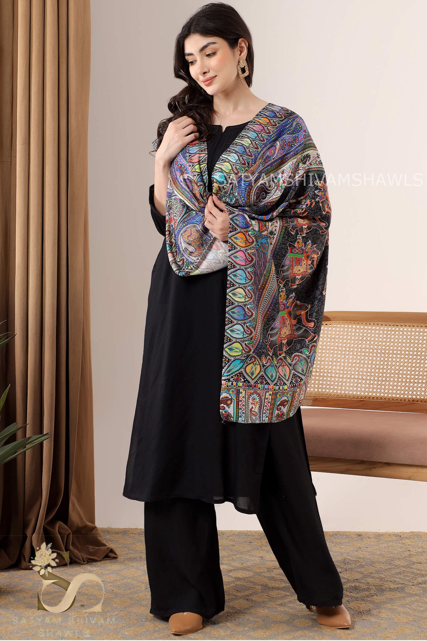 SHIKAARDAR WOMENS FINE SOFT SILK WOOL STOLE,  BLACK