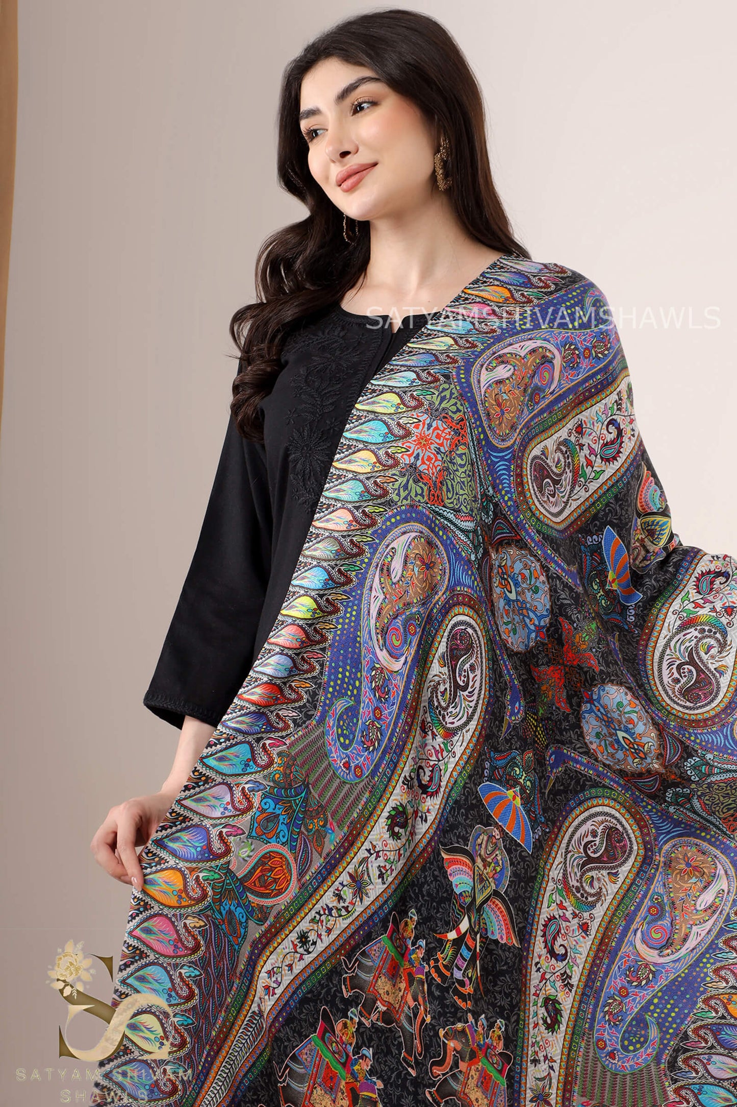 SHIKAARDAR WOMENS FINE SOFT SILK WOOL STOLE,  BLACK