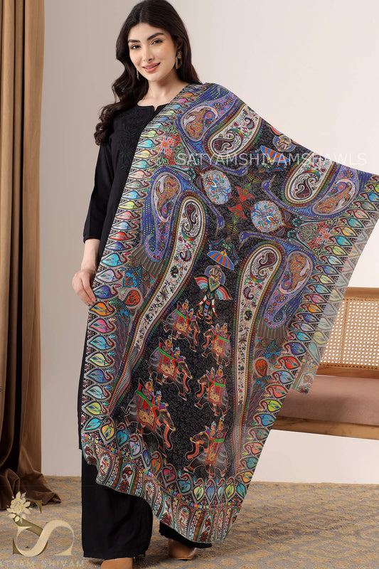 SHIKAARDAR WOMENS FINE SOFT SILK WOOL STOLE,  BLACK