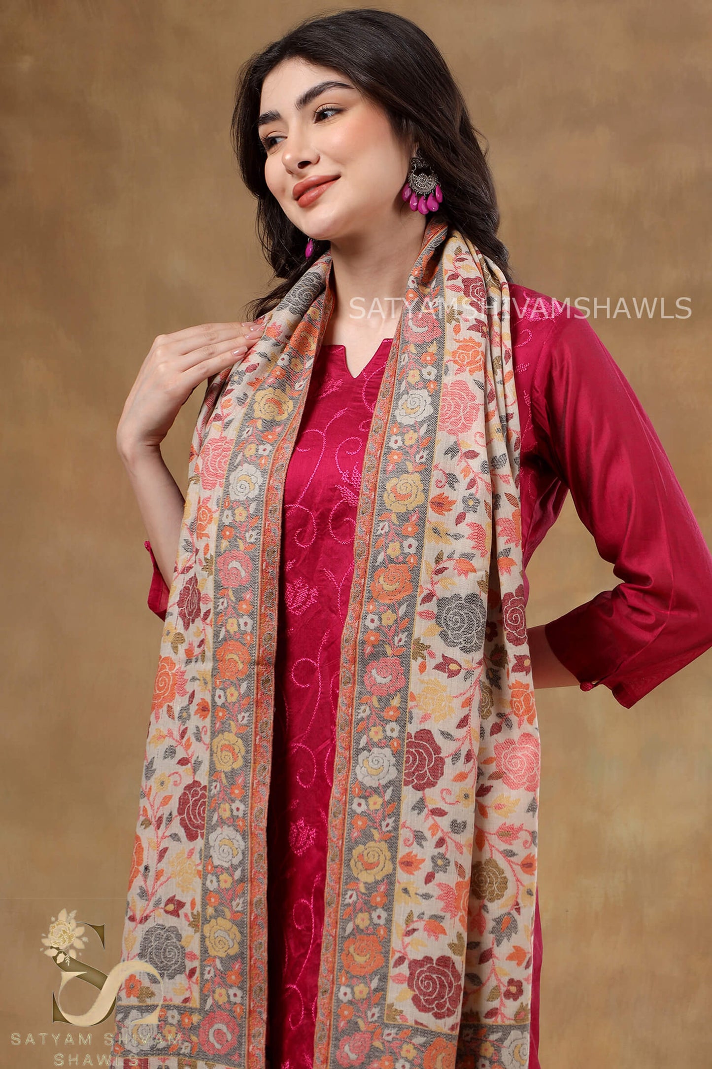 ARABIC ROSE KANI WOVEN LUXURY PASHMINA  WOMENS STOLE,SKIN