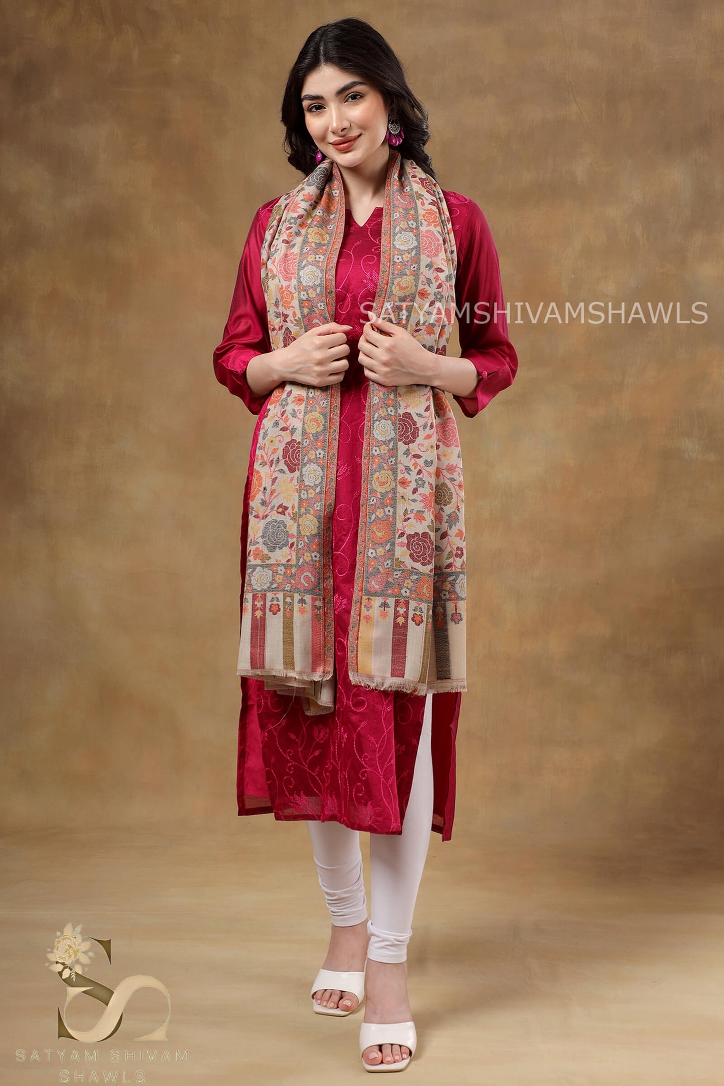 ARABIC ROSE KANI WOVEN LUXURY PASHMINA  WOMENS STOLE,SKIN
