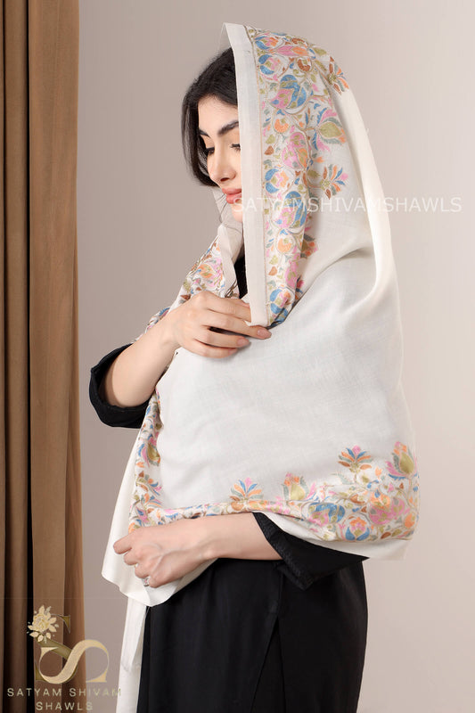 "NAZAKAT-E-NOIR"PASHMINA FINE WOOL BORDER NALKI EMBROIDERY WEAVE STOLE,