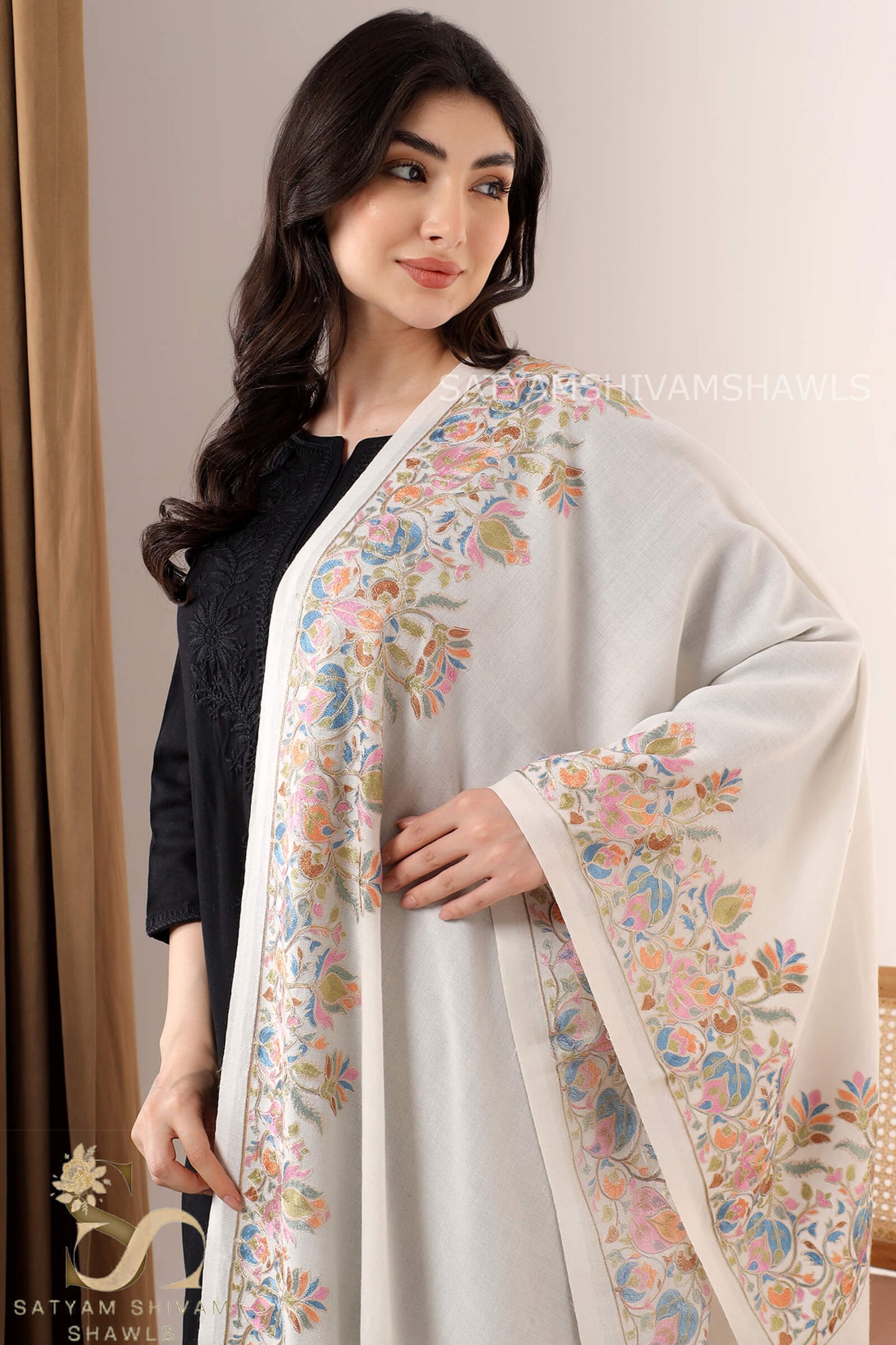 "NAZAKAT-E-NOIR"PASHMINA FINE WOOL BORDER NALKI EMBROIDERY WEAVE STOLE,