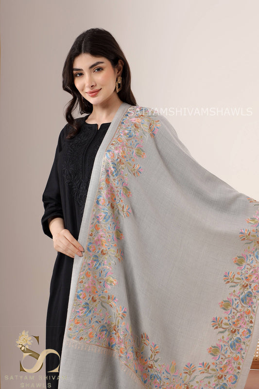 "NAZAKAT-E-NOIR"PASHMINA FINE WOOL BORDER NALKI EMBROIDERY WEAVE STOLE,SILVER