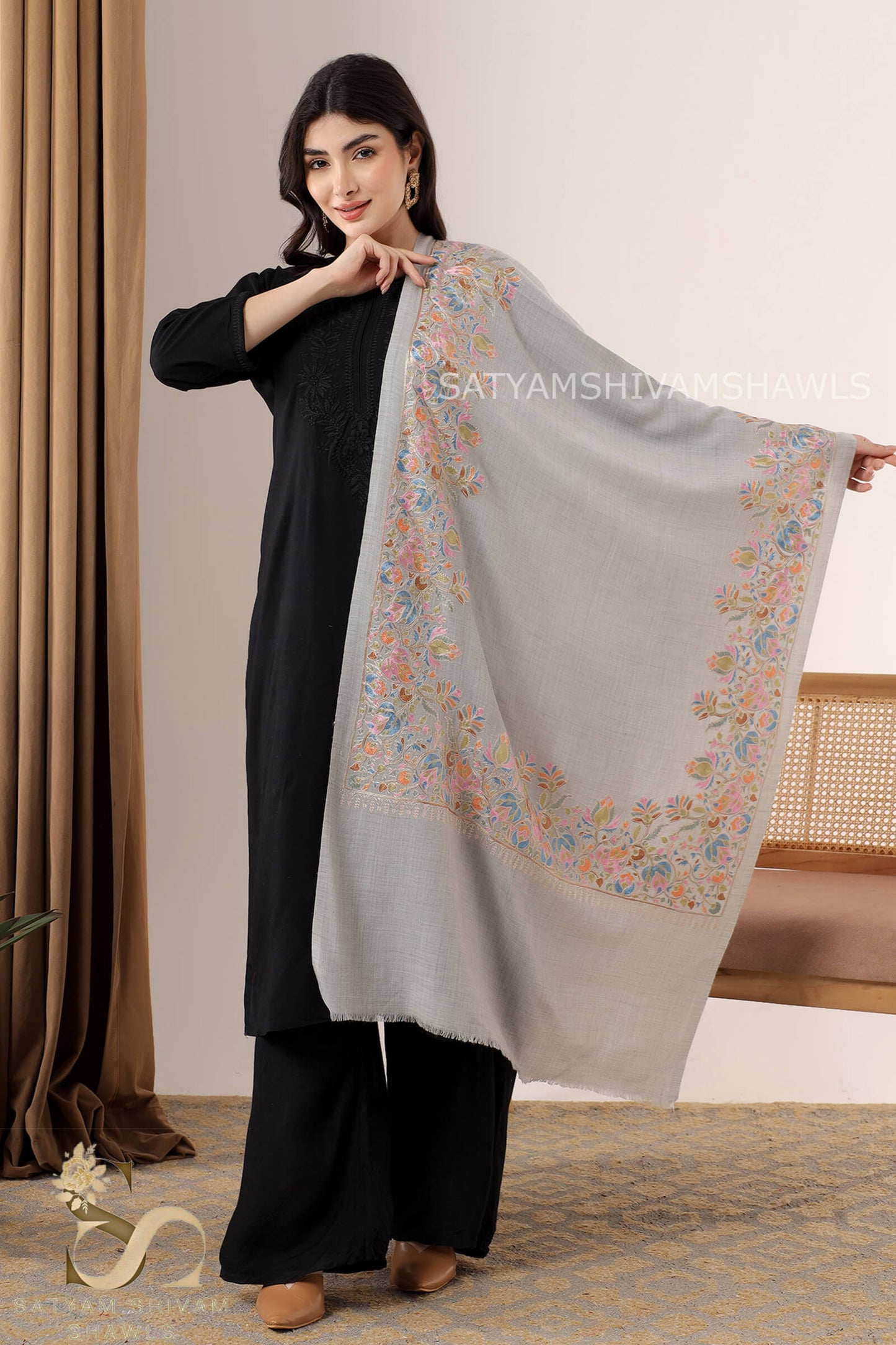 "NAZAKAT-E-NOIR"PASHMINA FINE WOOL BORDER NALKI EMBROIDERY WEAVE STOLE,SILVER