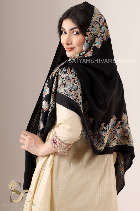 "NAZAKAT-E-NOIR"PASHMINA FINE WOOL BORDER NALKI EMBROIDERY WEAVE STOLE,BLACK