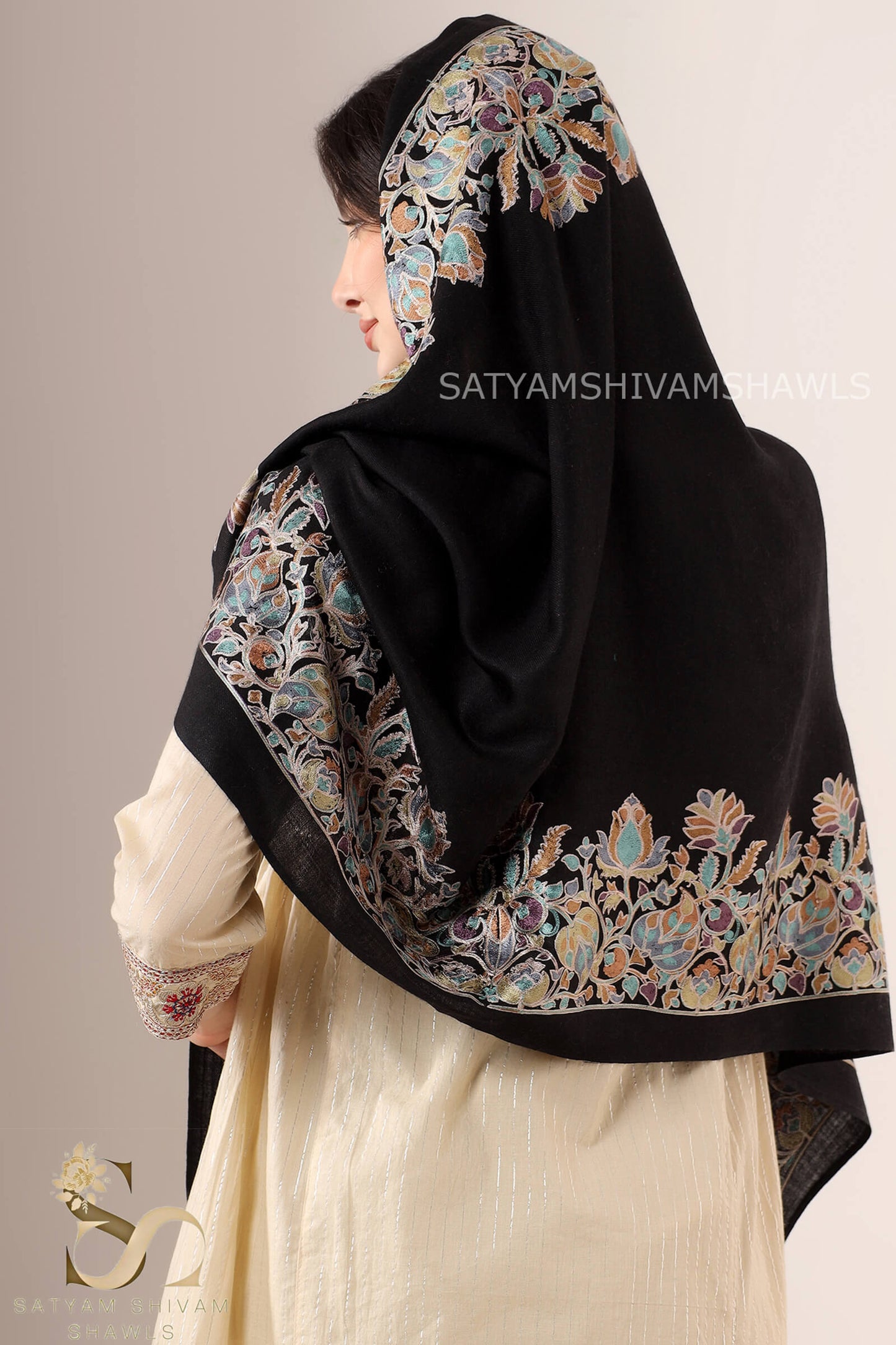 "NAZAKAT-E-NOIR"PASHMINA FINE WOOL BORDER NALKI EMBROIDERY WEAVE STOLE,BLACK