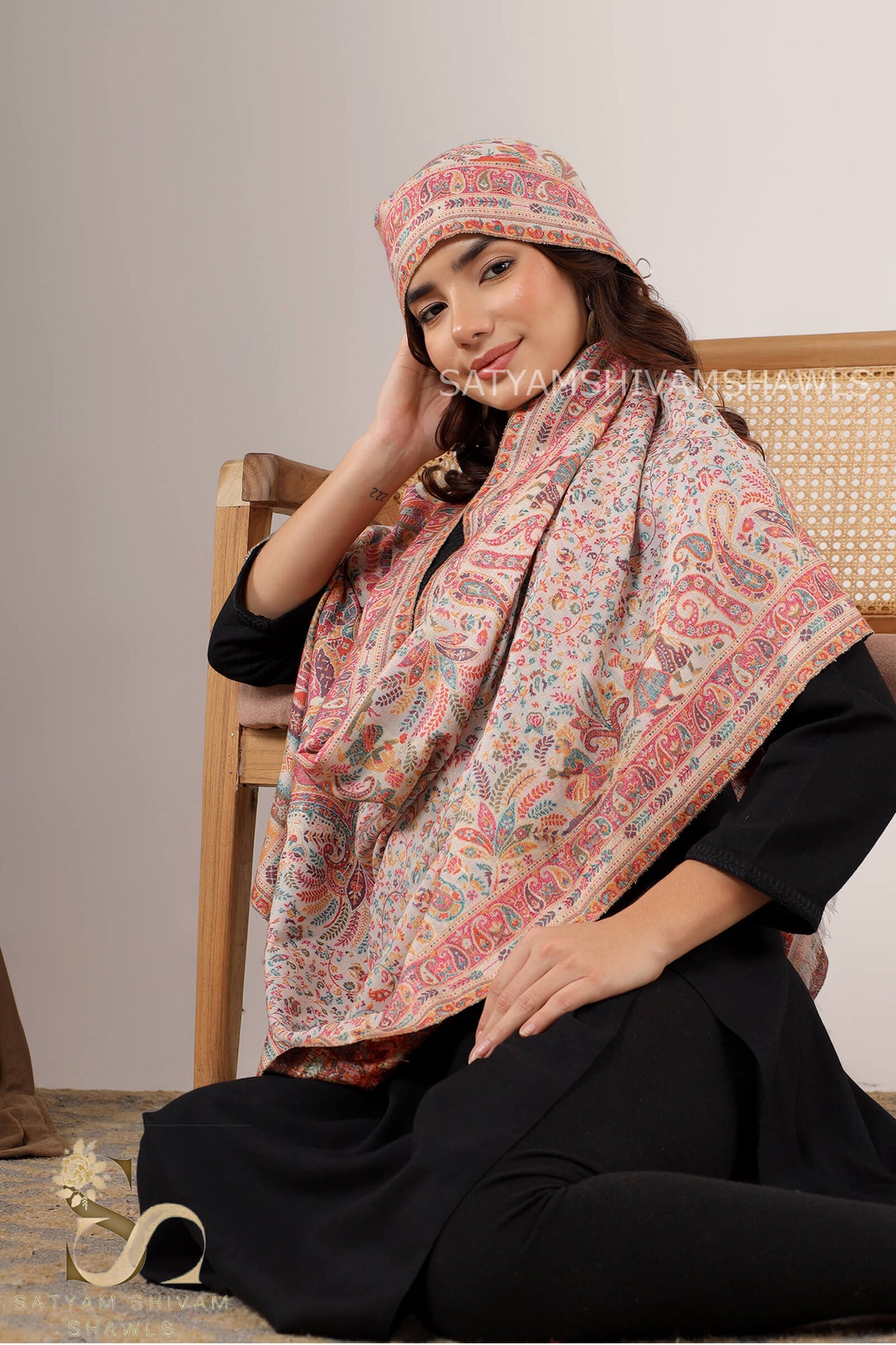 BAADSHAH DARABR ZARI KANI PASHMINA BLEND WOOL WOMENS STOLE,WHITE