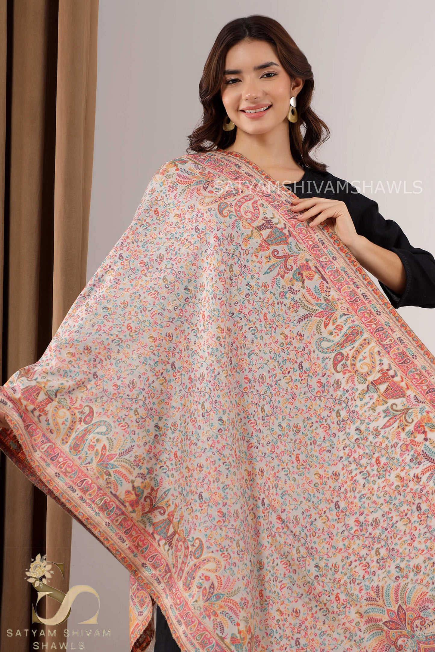 BAADSHAH DARABR ZARI KANI PASHMINA BLEND WOOL WOMENS STOLE,WHITE