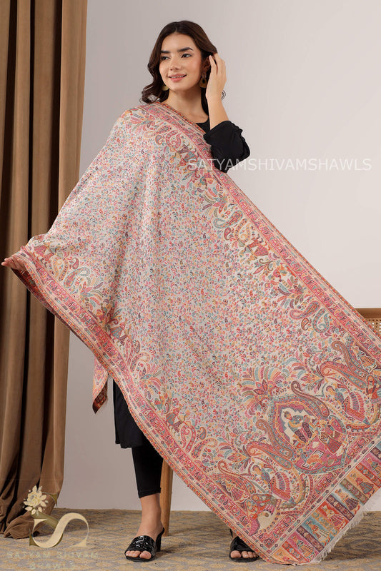 BAADSHAH DARABR ZARI KANI PASHMINA BLEND WOOL WOMENS STOLE,WHITE