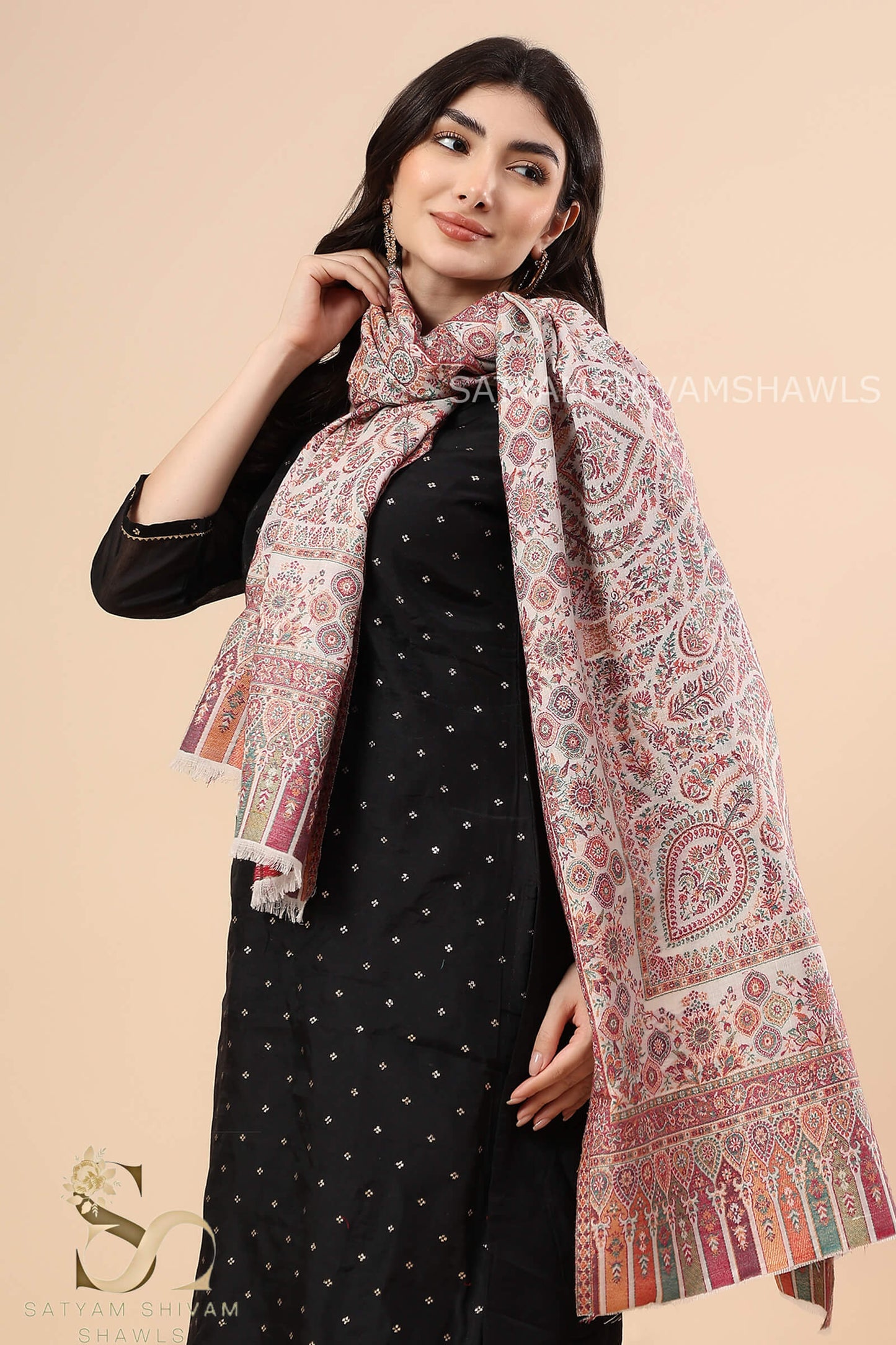 PAISLEY CHAKRA ZARI KANI PASHMINA BLEND WOOL WOMENS STOLE,WHITE