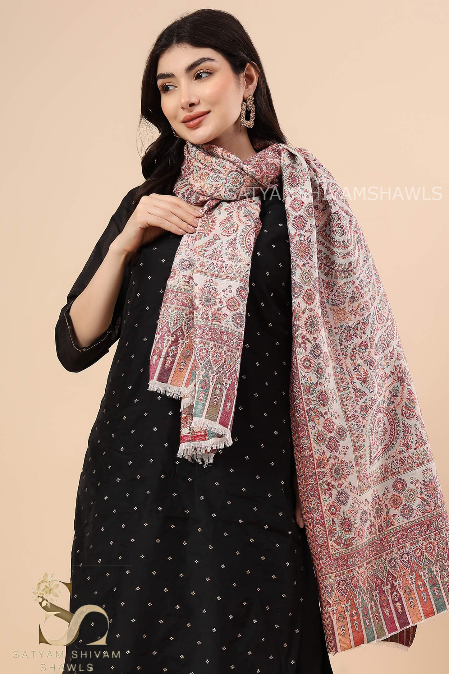 PAISLEY CHAKRA ZARI KANI PASHMINA BLEND WOOL WOMENS STOLE,WHITE