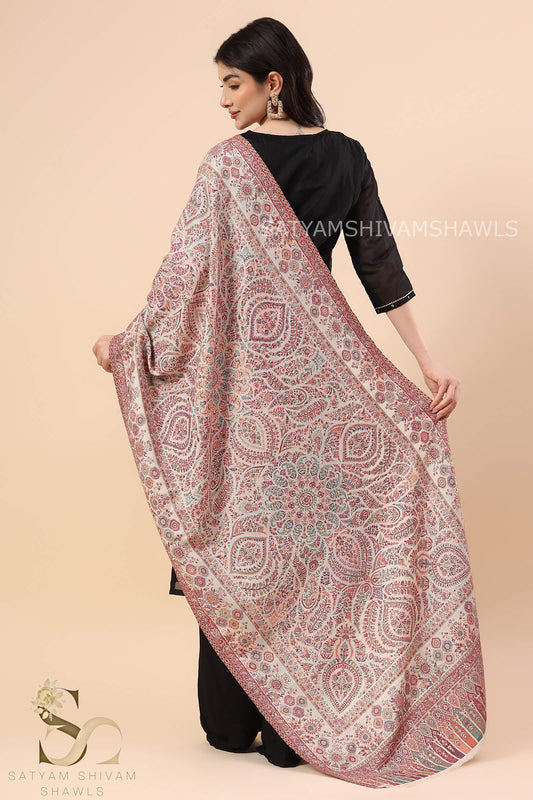 PAISLEY CHAKRA ZARI KANI PASHMINA BLEND WOOL WOMENS STOLE,WHITE