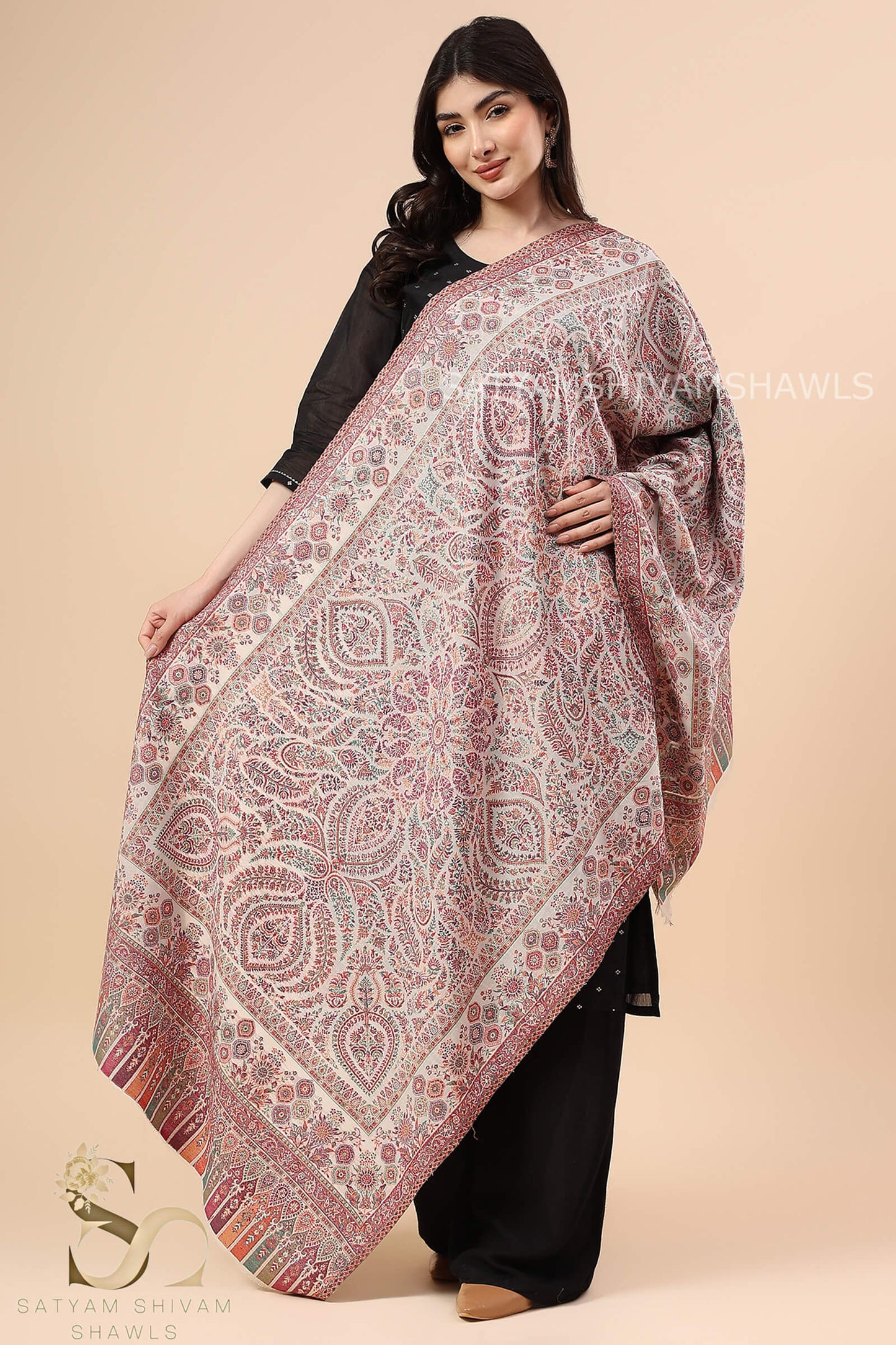 PAISLEY CHAKRA ZARI KANI PASHMINA BLEND WOOL WOMENS STOLE,WHITE