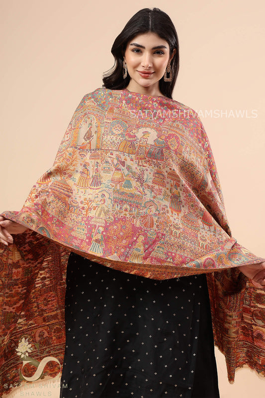 "SHAAN -E-DARBAR" THEME KANI  PASHMINA BLEND WOOL STOLES, LIGHT