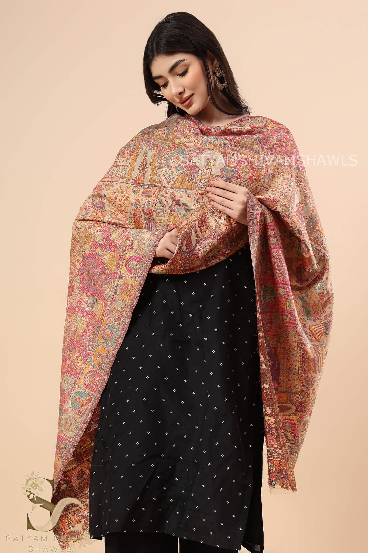"SHAAN -E-DARBAR" THEME KANI  PASHMINA BLEND WOOL STOLES, LIGHT