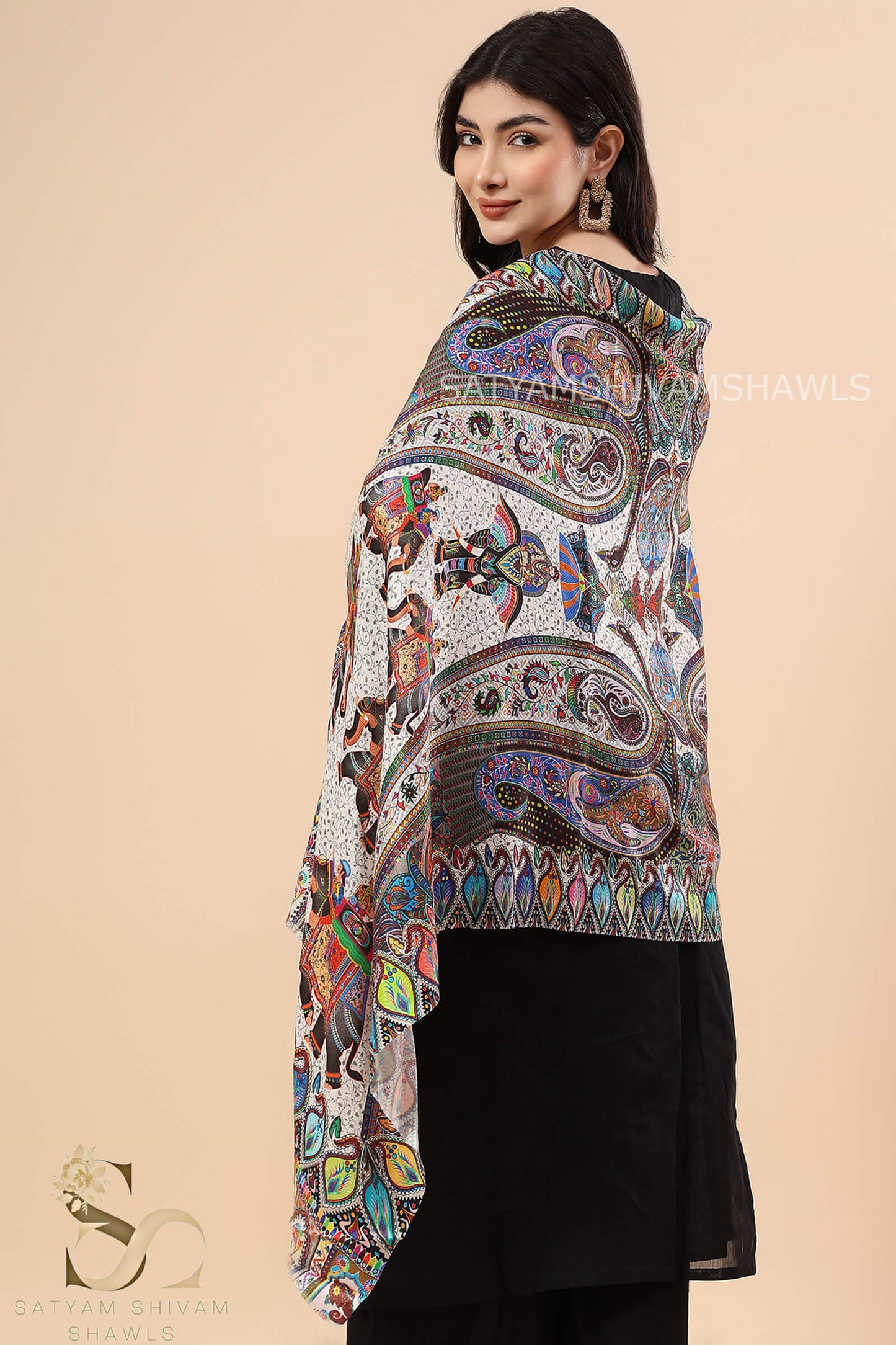 SHIKAARDAR WOMENS FINE SOFT PRINT SILK WOOL STOLE,WHITE