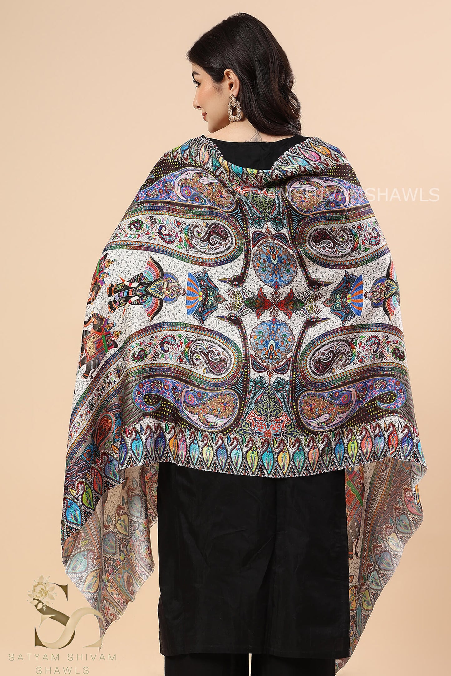 SHIKAARDAR WOMENS FINE SOFT PRINT SILK WOOL STOLE,WHITE