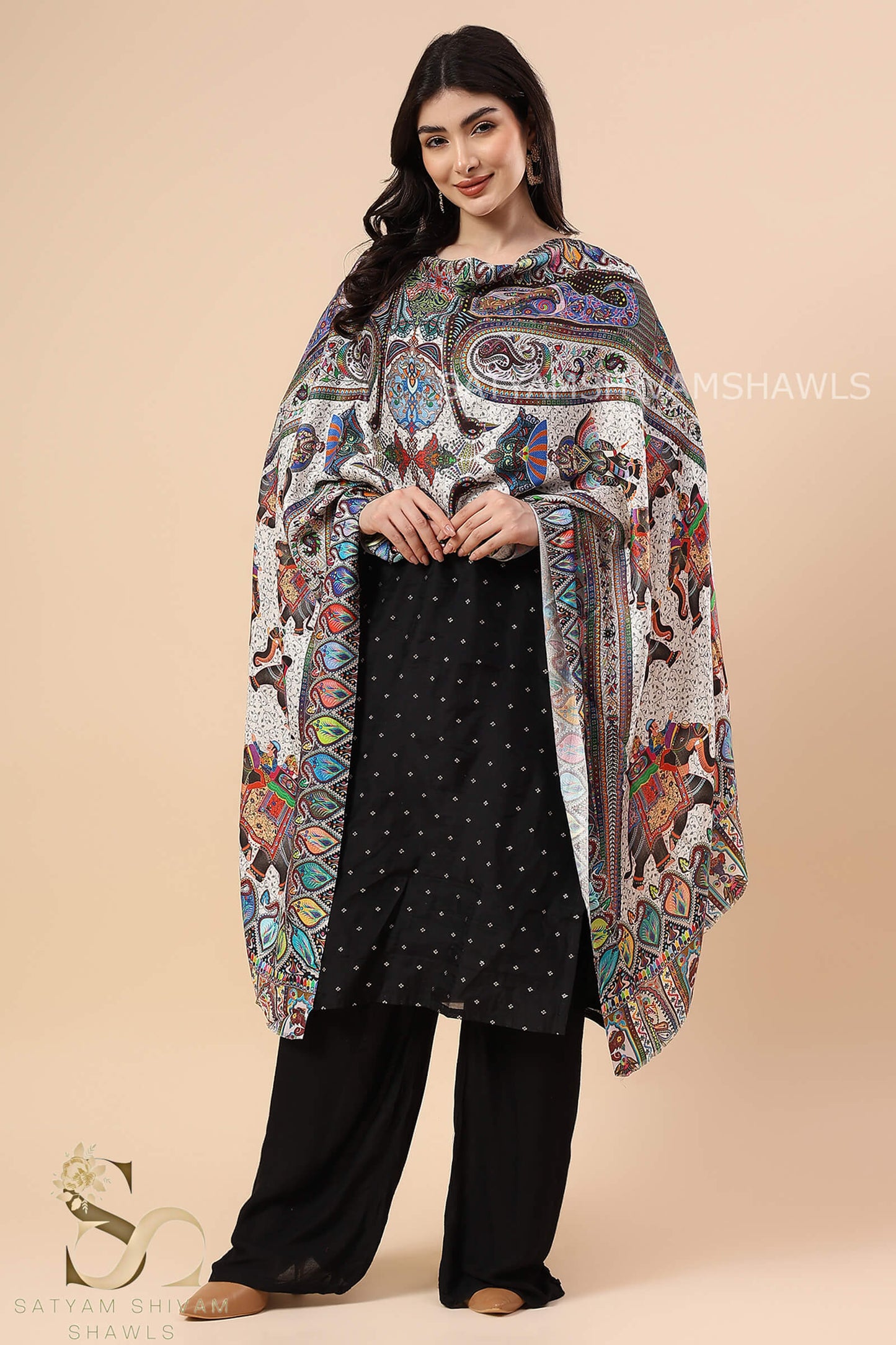 SHIKAARDAR WOMENS FINE SOFT PRINT SILK WOOL STOLE,WHITE