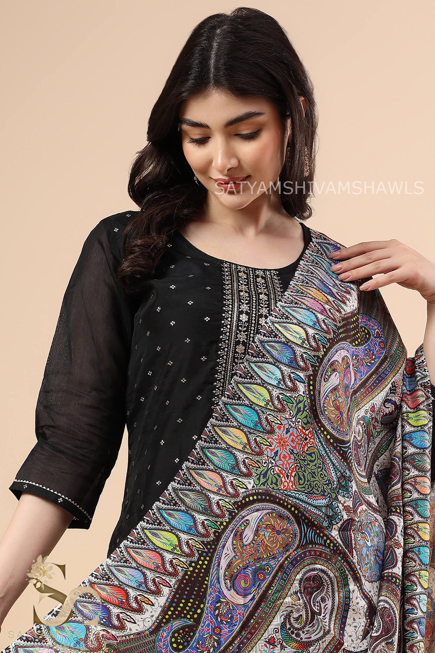 SHIKAARDAR WOMENS FINE SOFT PRINT SILK WOOL STOLE,WHITE