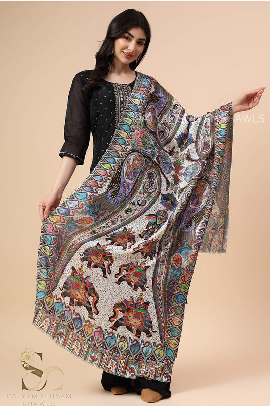 SHIKAARDAR WOMENS FINE SOFT PRINT SILK WOOL STOLE,WHITE