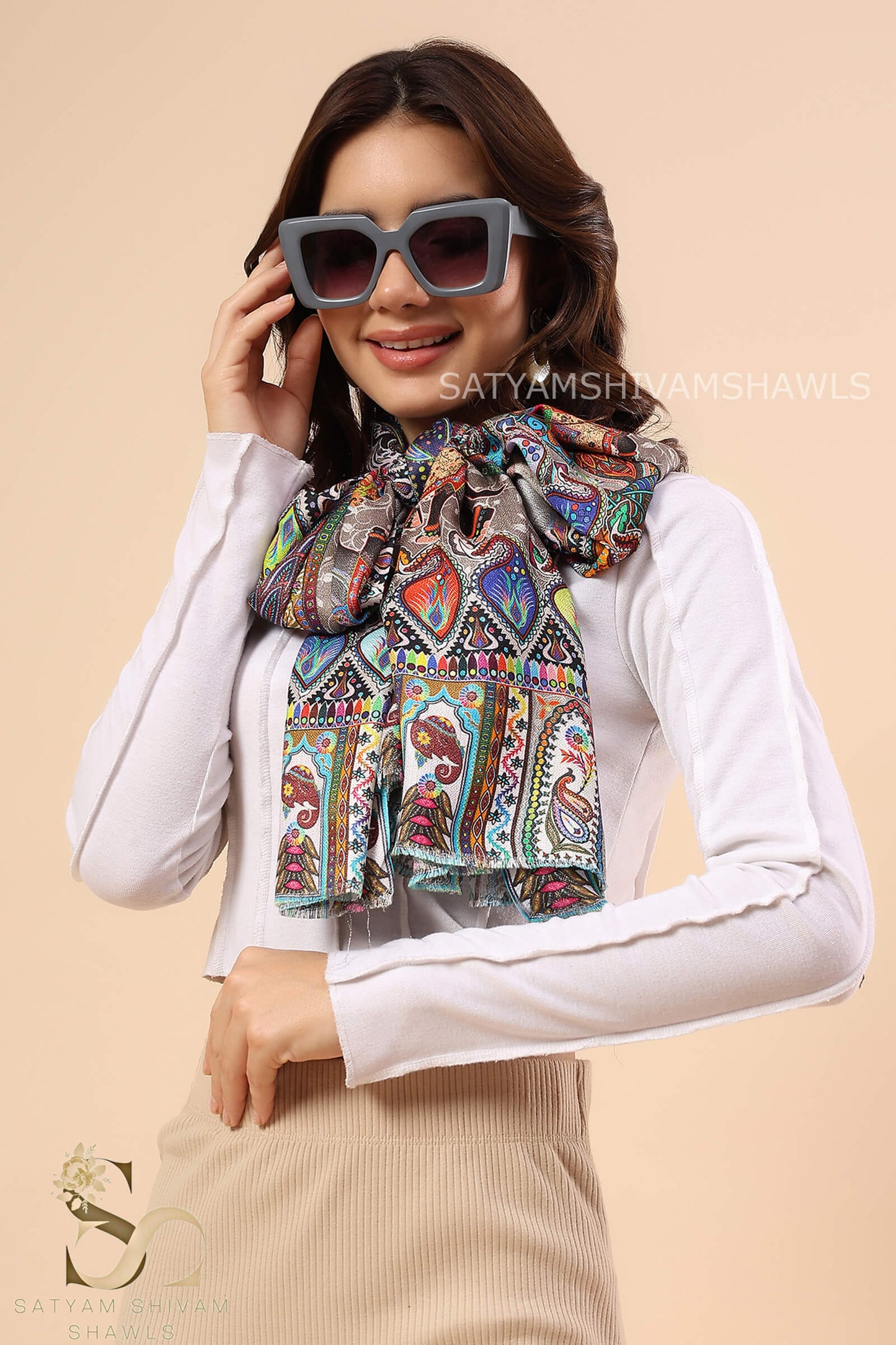 SHIKAARDAR WOMENS FINE SOFT SILK WOOL PRINT STOLE
