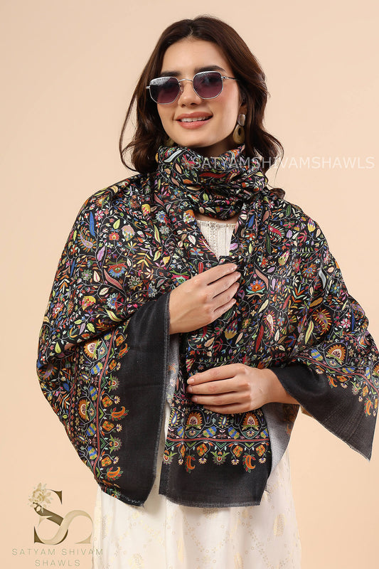 PAISLEY KALAMKARI LEAF DESIGN WOMENS SOFT SILK PRINT WOOL STOLES,BLACK