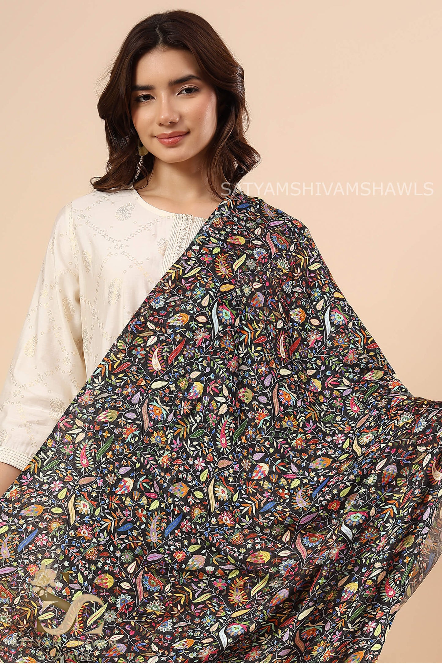 PAISLEY KALAMKARI LEAF DESIGN WOMENS SOFT SILK PRINT WOOL STOLES,BLACK