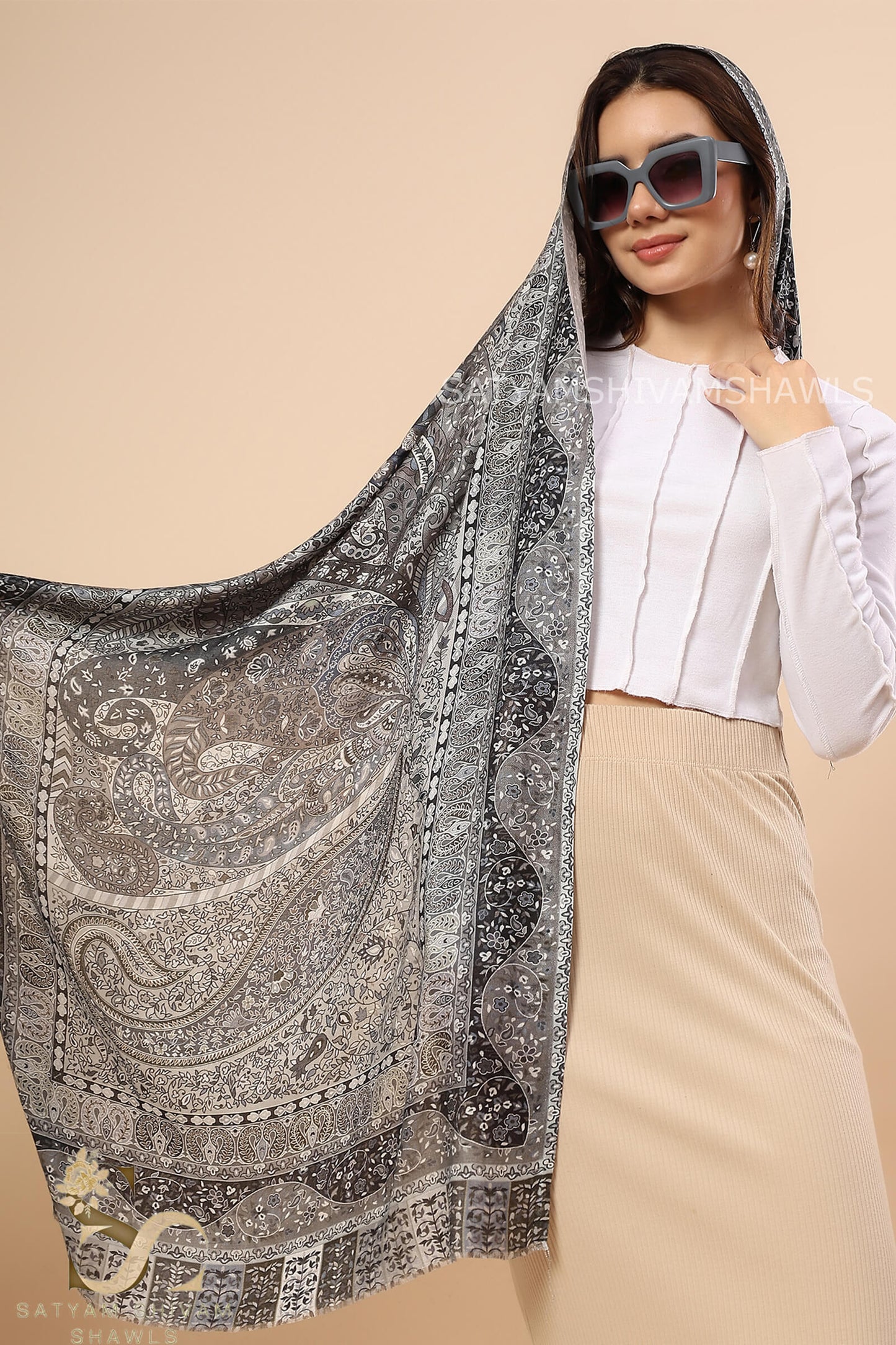 PAISLEY KALAMKARI WOMENS FINE SOFT SILK WOOL PRINT STOLE
