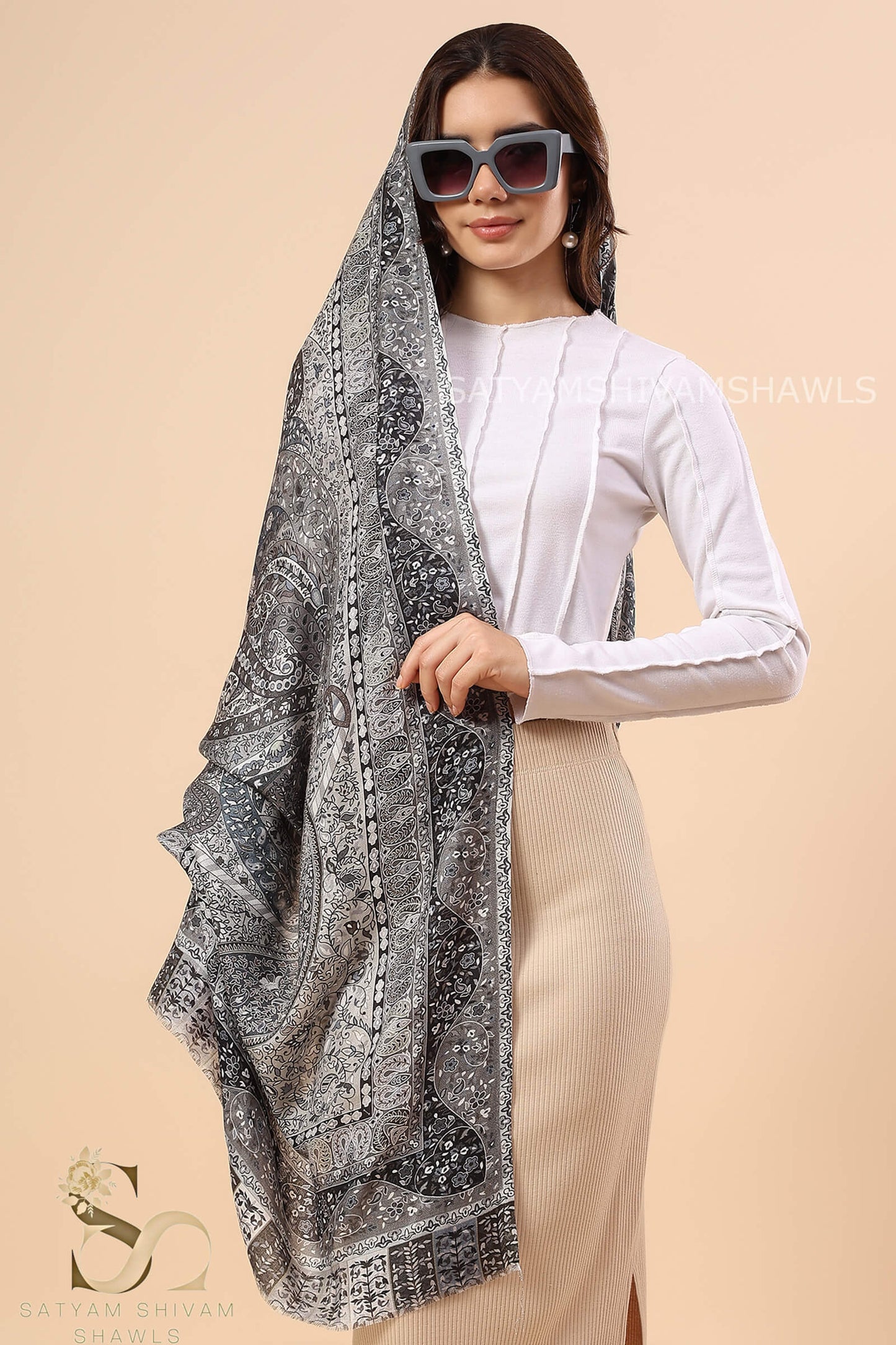 PAISLEY KALAMKARI WOMENS FINE SOFT SILK WOOL PRINT STOLE